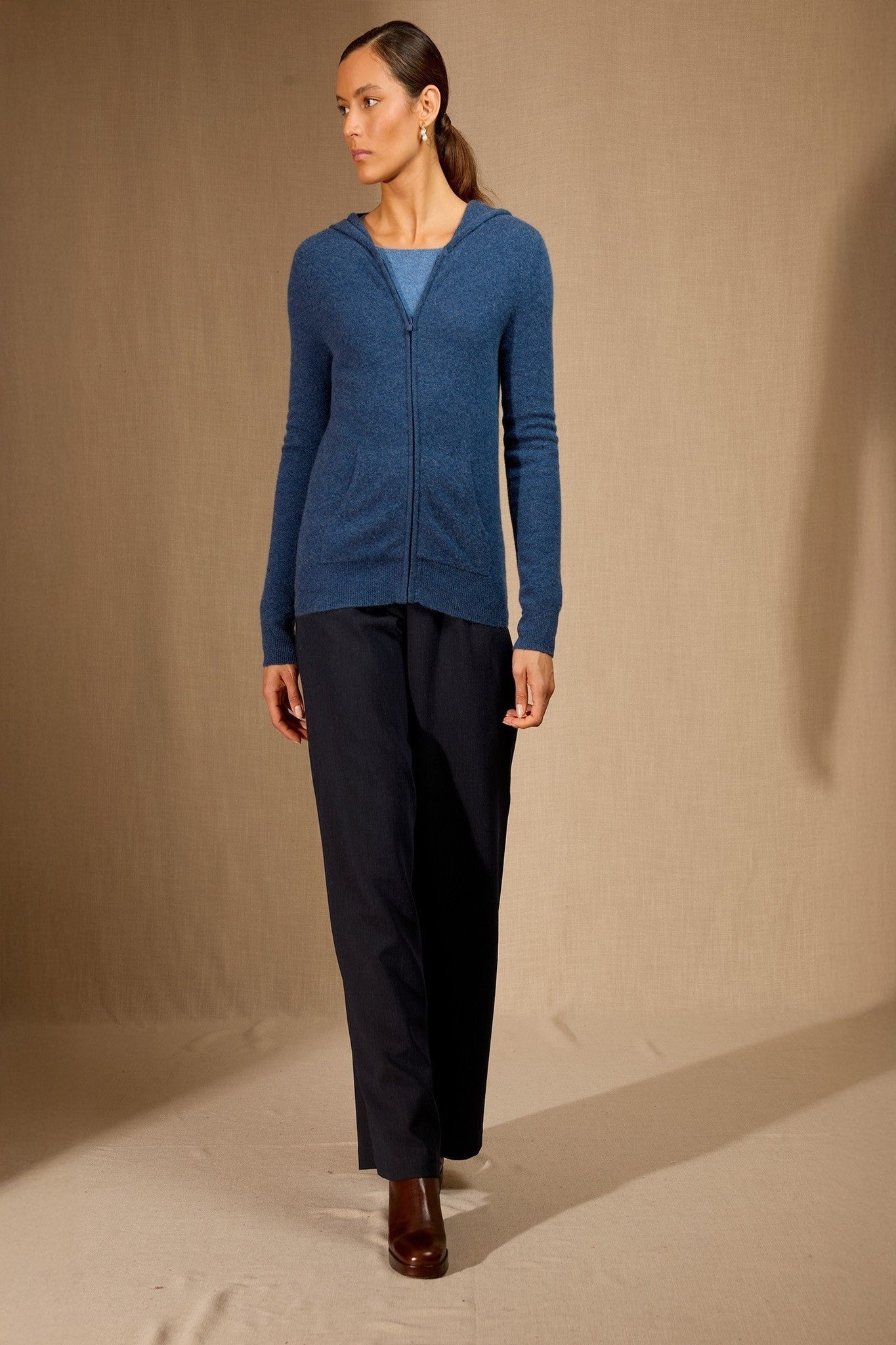 emma gilet zippé capuche ocean chiné 100% cachemire