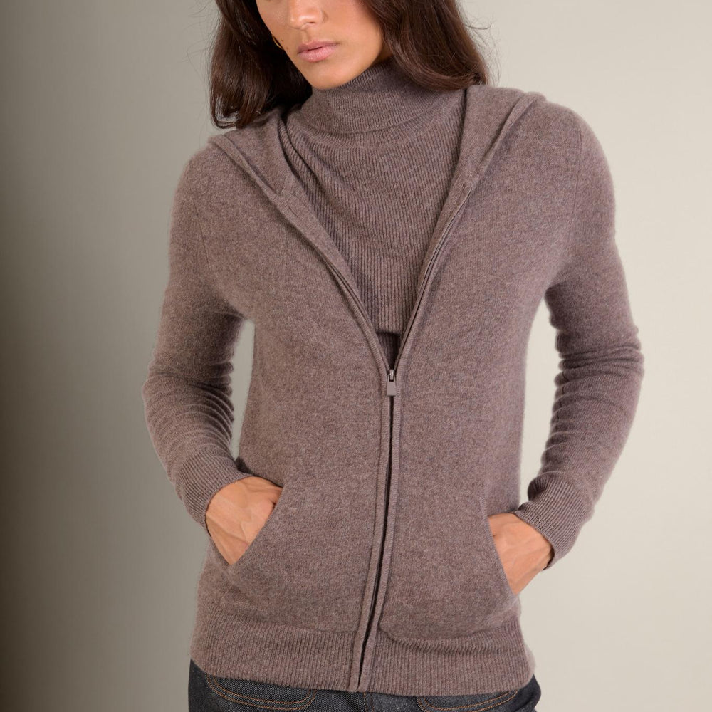 EMMA gilet zippé capuche taupe chiné 100% cachemire
