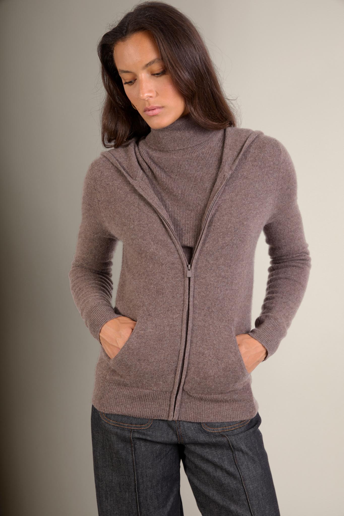EMMA gilet zippé capuche taupe chiné 100% cachemire