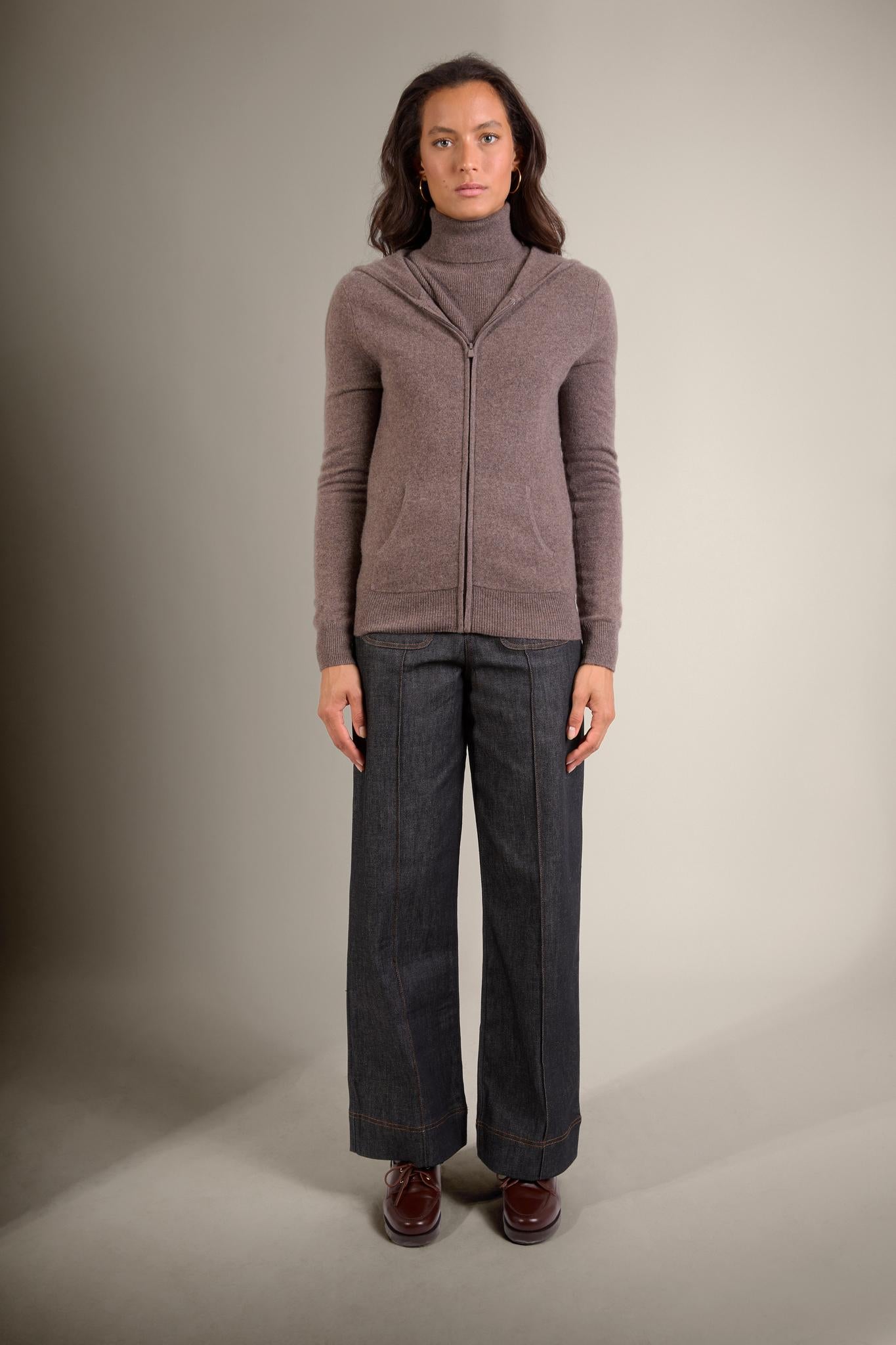 EMMA gilet zippé capuche taupe chiné 100% cachemire