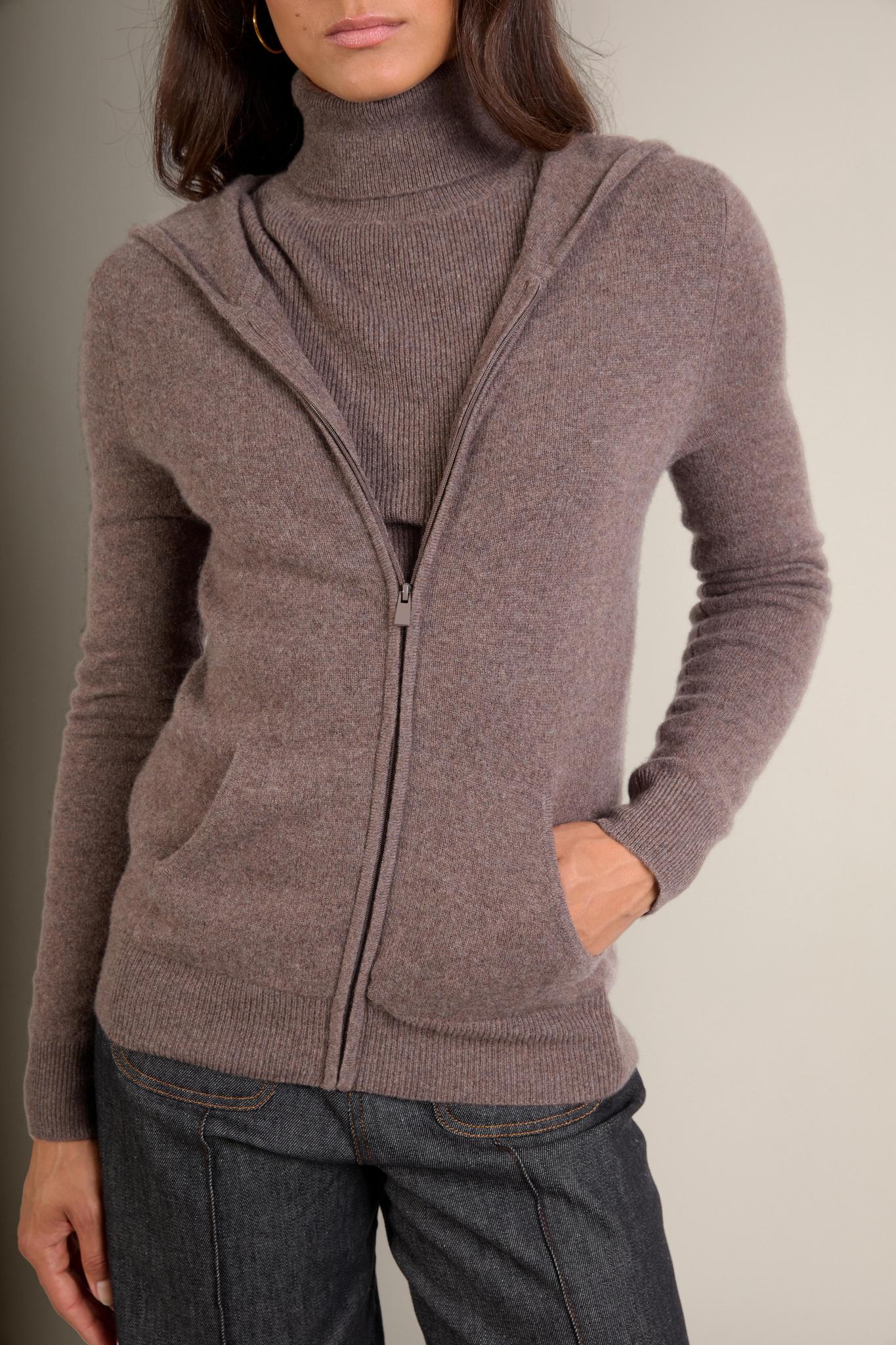 EMMA gilet zippé capuche taupe chiné 100% cachemire