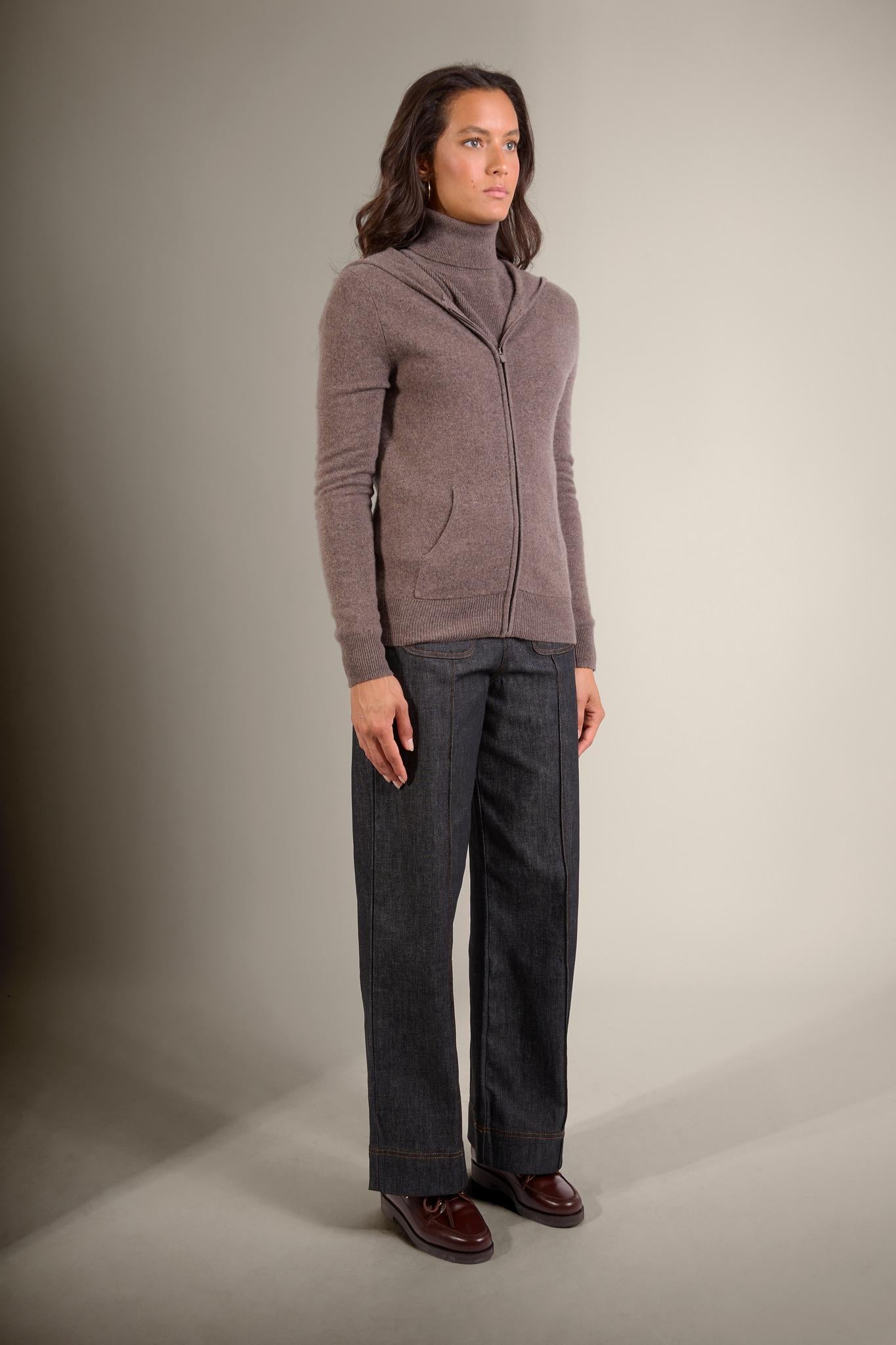EMMA gilet zippé capuche taupe chiné 100% cachemire