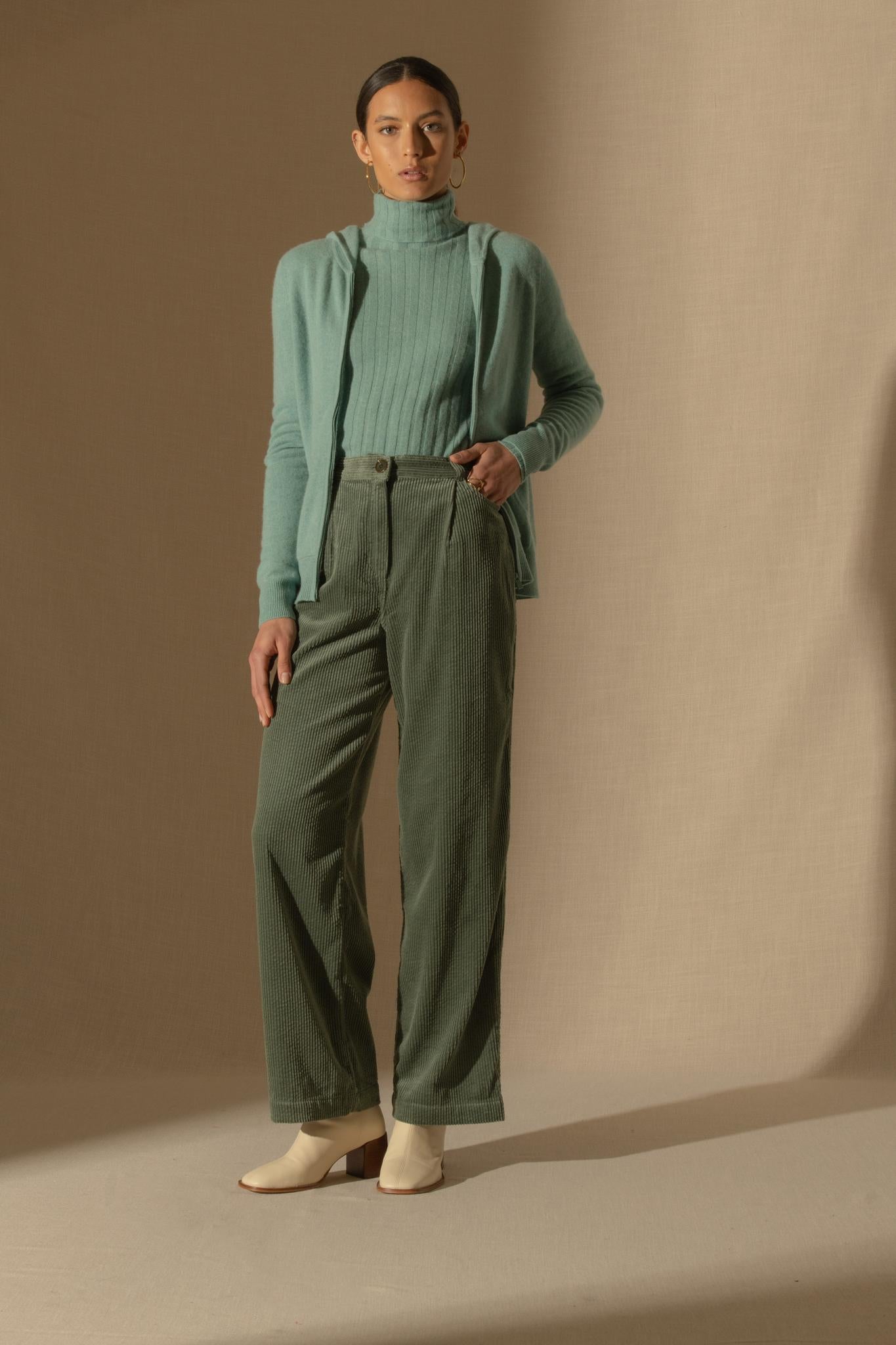 EMMA gilet zippé capuche vert chiné 100% cachemire