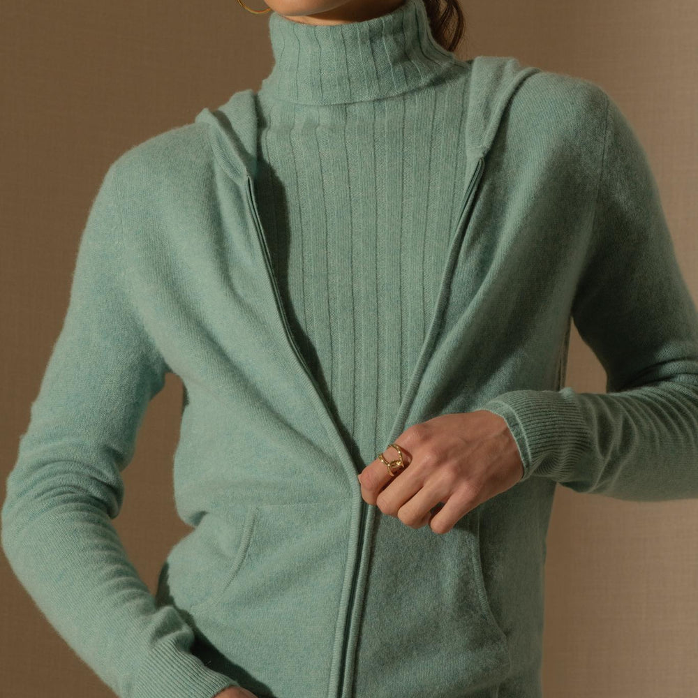 EMMA gilet zippé capuche vert chiné 100% cachemire