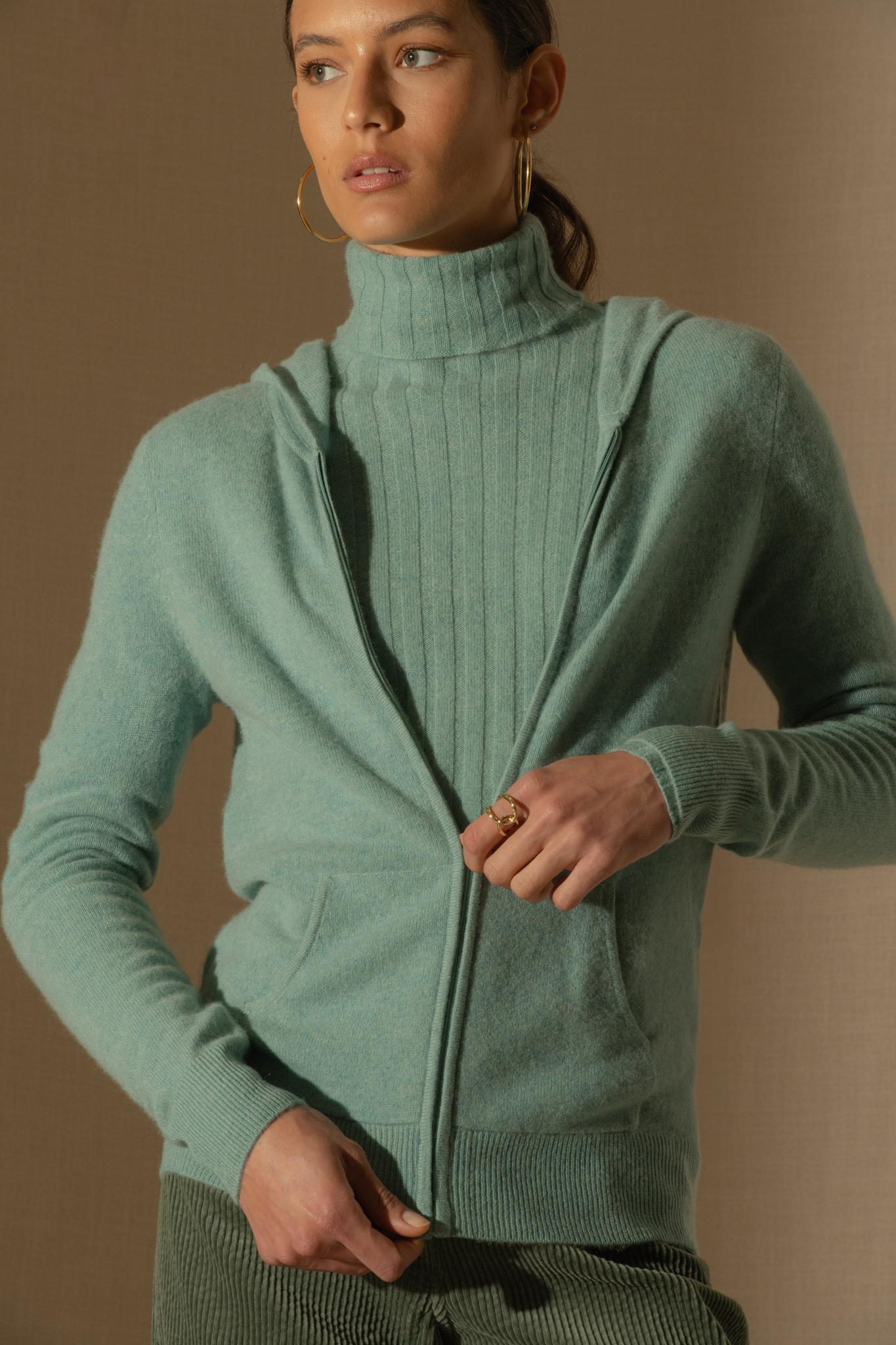 EMMA gilet zippé capuche vert chiné 100% cachemire