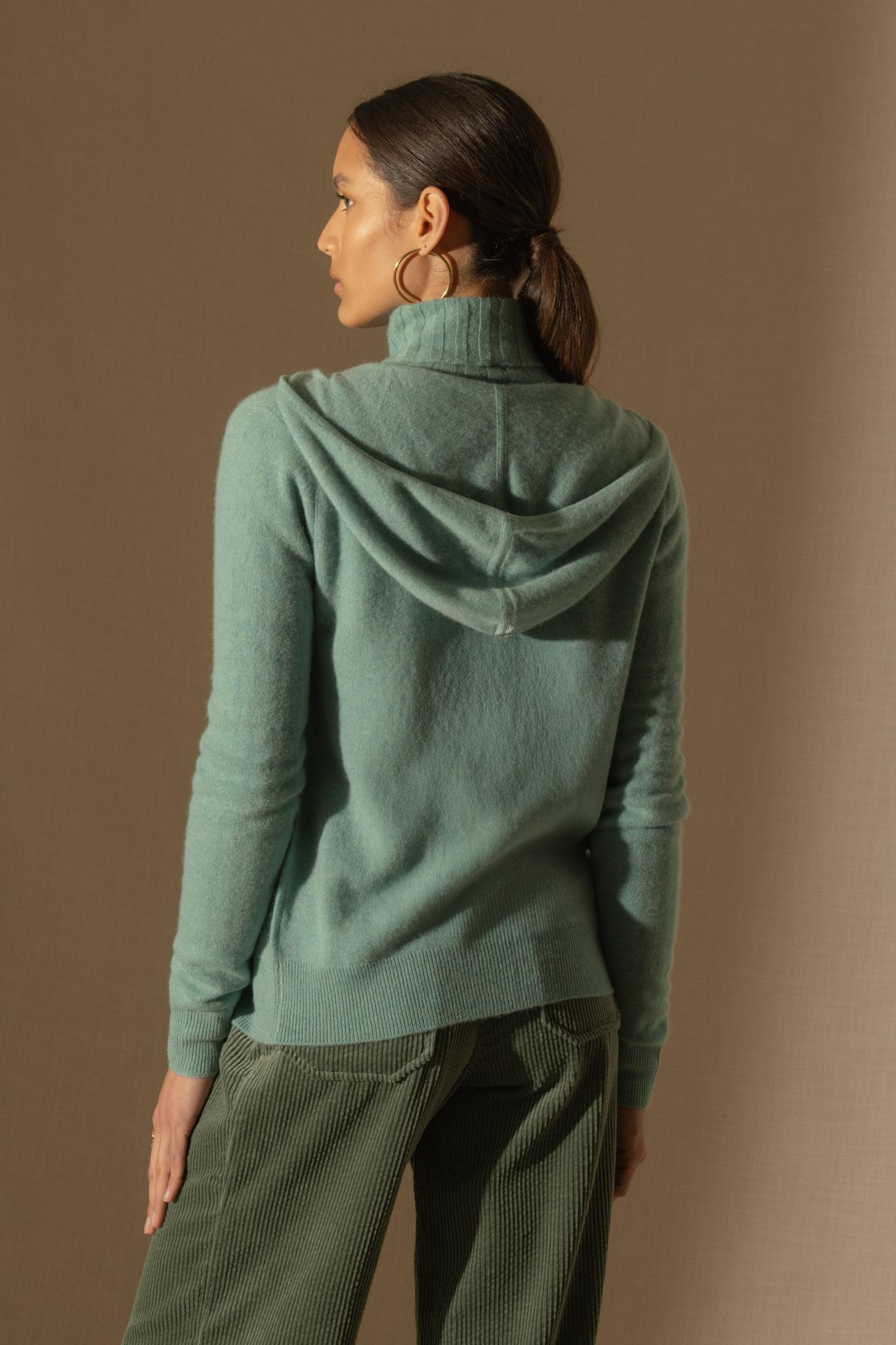 EMMA gilet zippé capuche vert chiné 100% cachemire