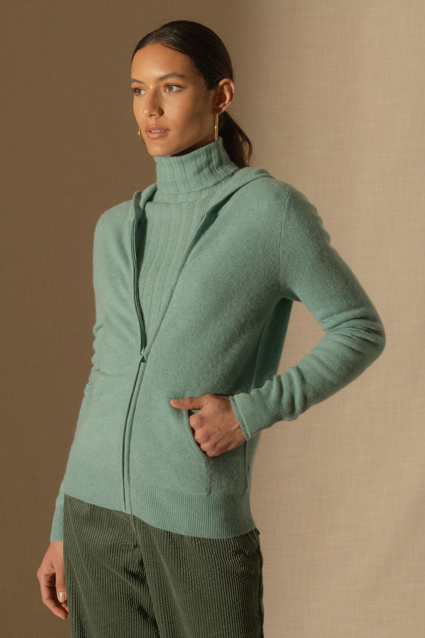 EMMA gilet zippé capuche vert chiné 100% cachemire