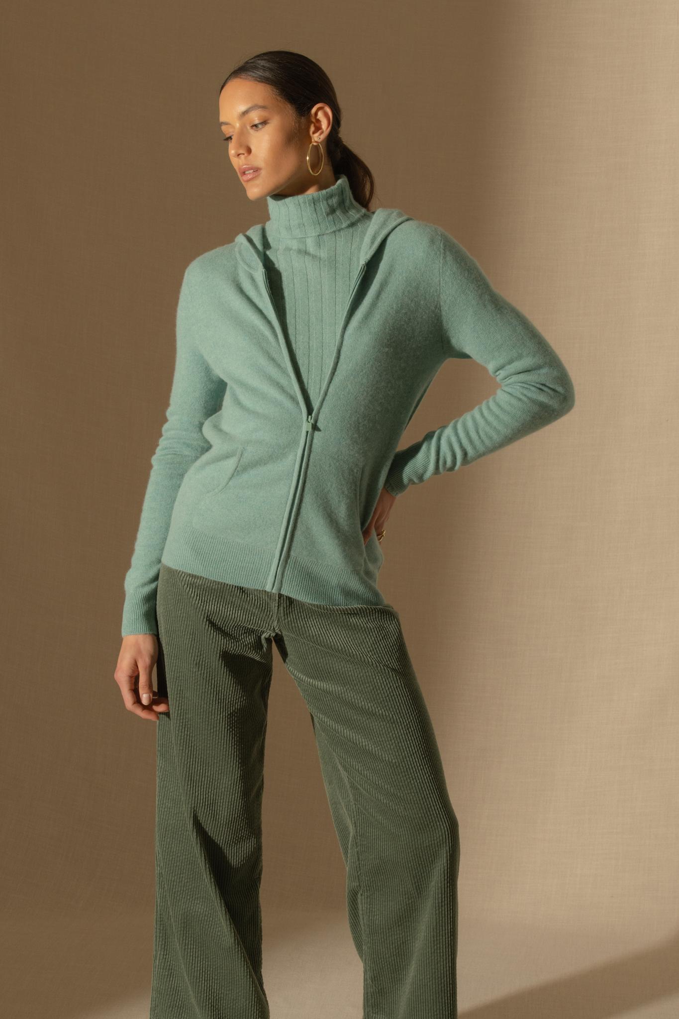 EMMA gilet zippé capuche vert chiné 100% cachemire