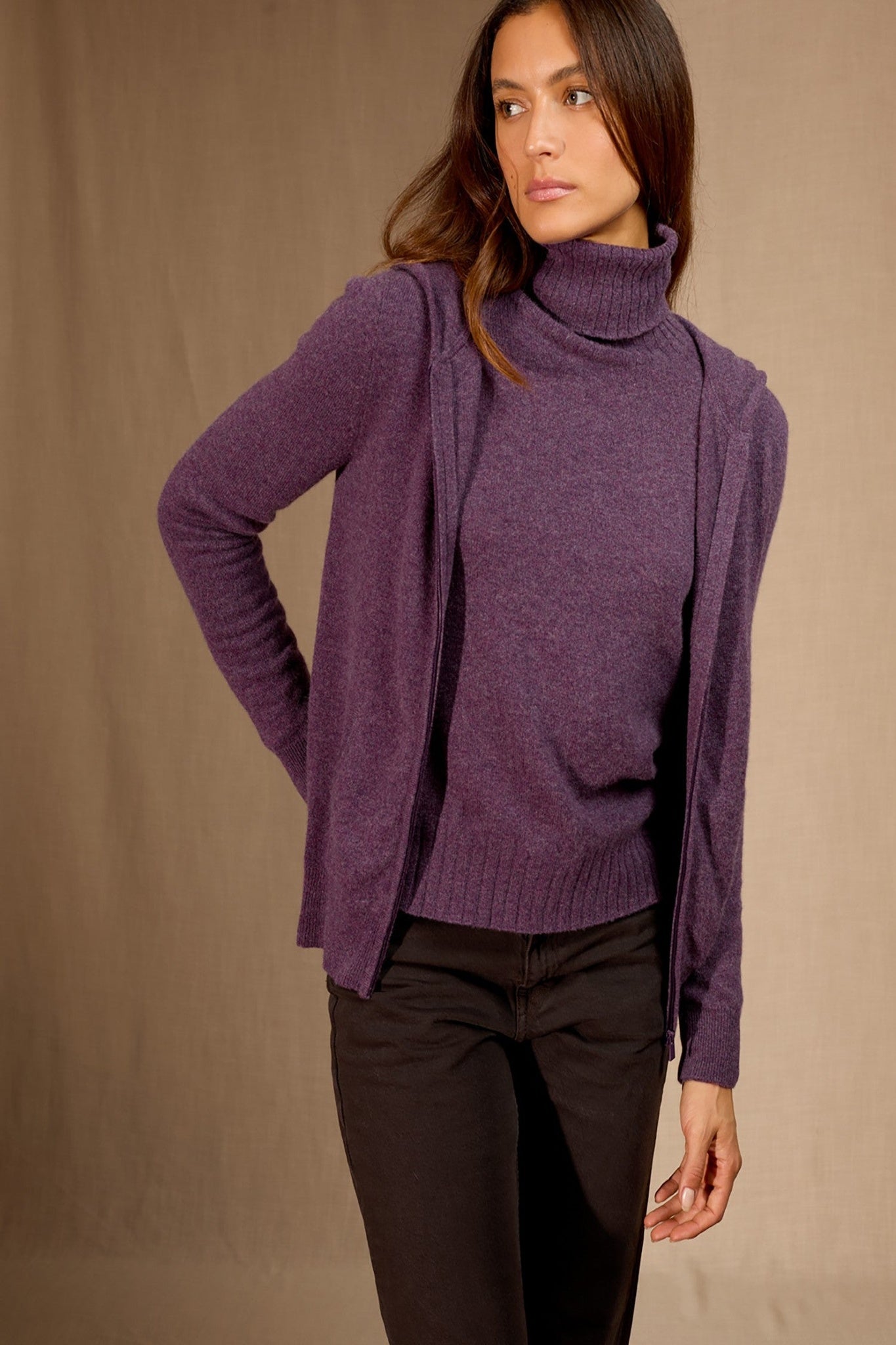 emma gilet zippé capuche violet chiné 100% cachemire