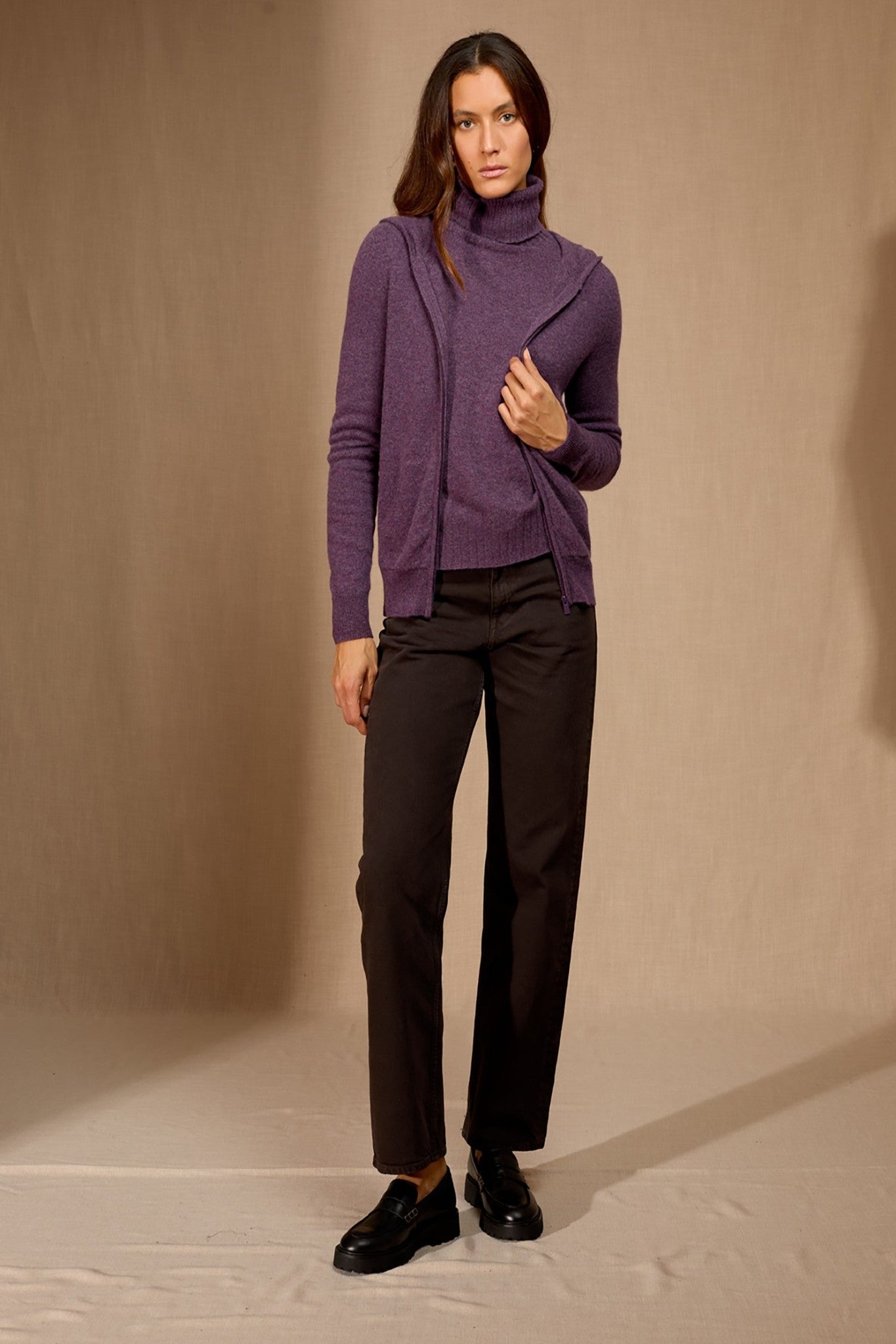 emma gilet zippé capuche violet chiné 100% cachemire