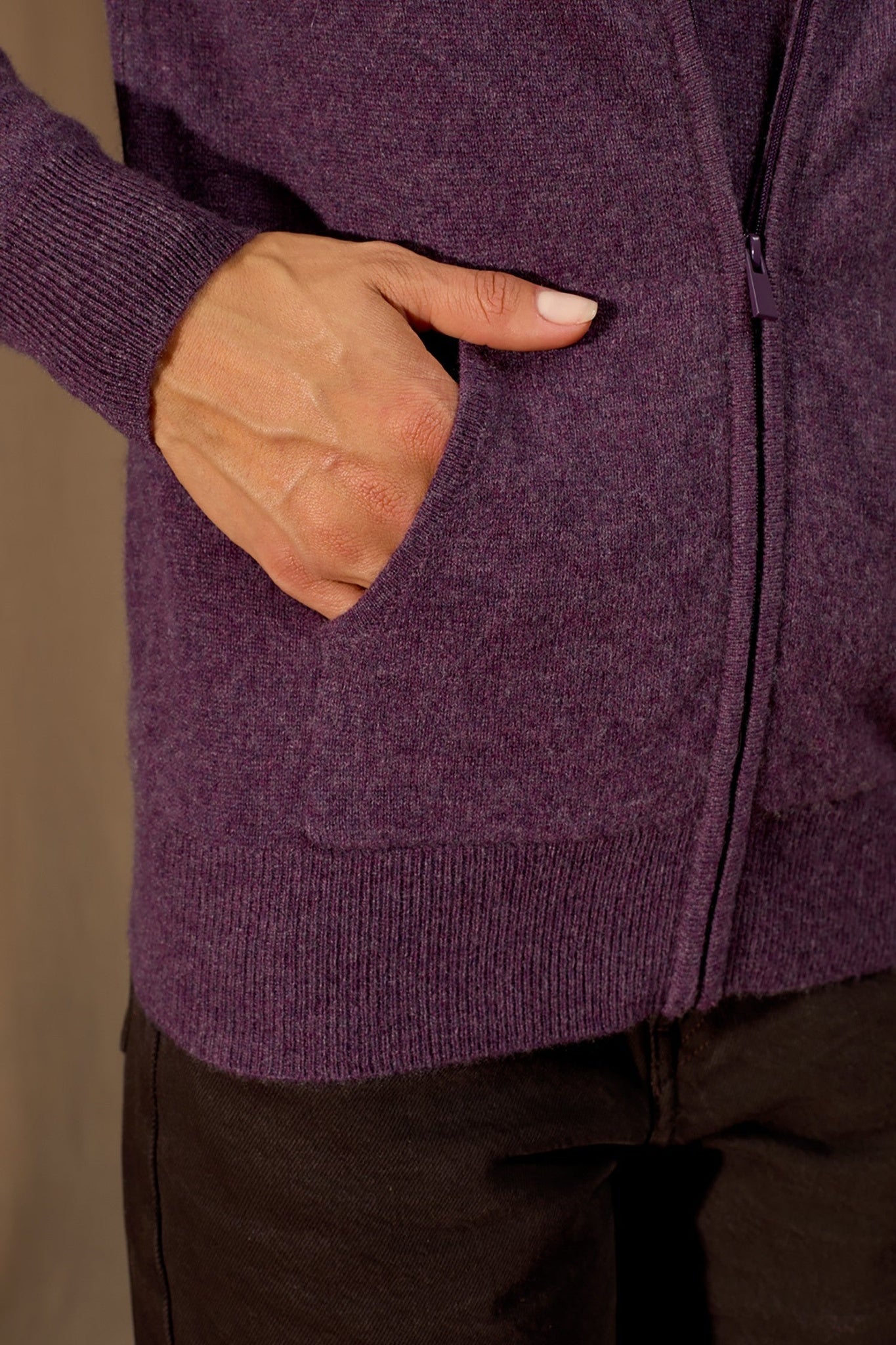 emma gilet zippé capuche violet chiné 100% cachemire