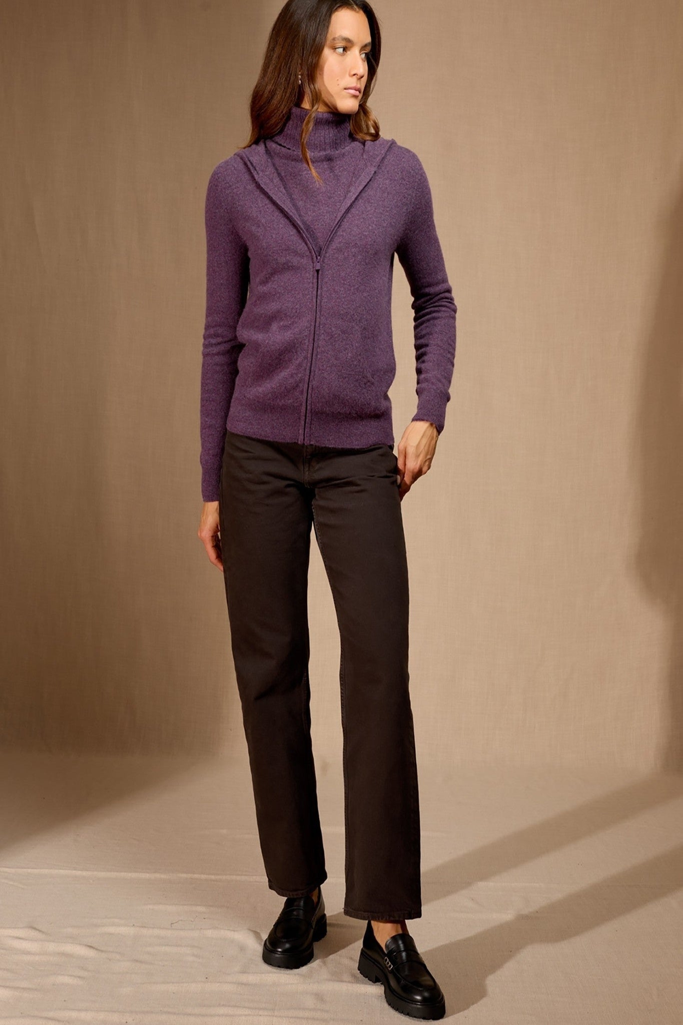 emma gilet zippé capuche violet chiné 100% cachemire