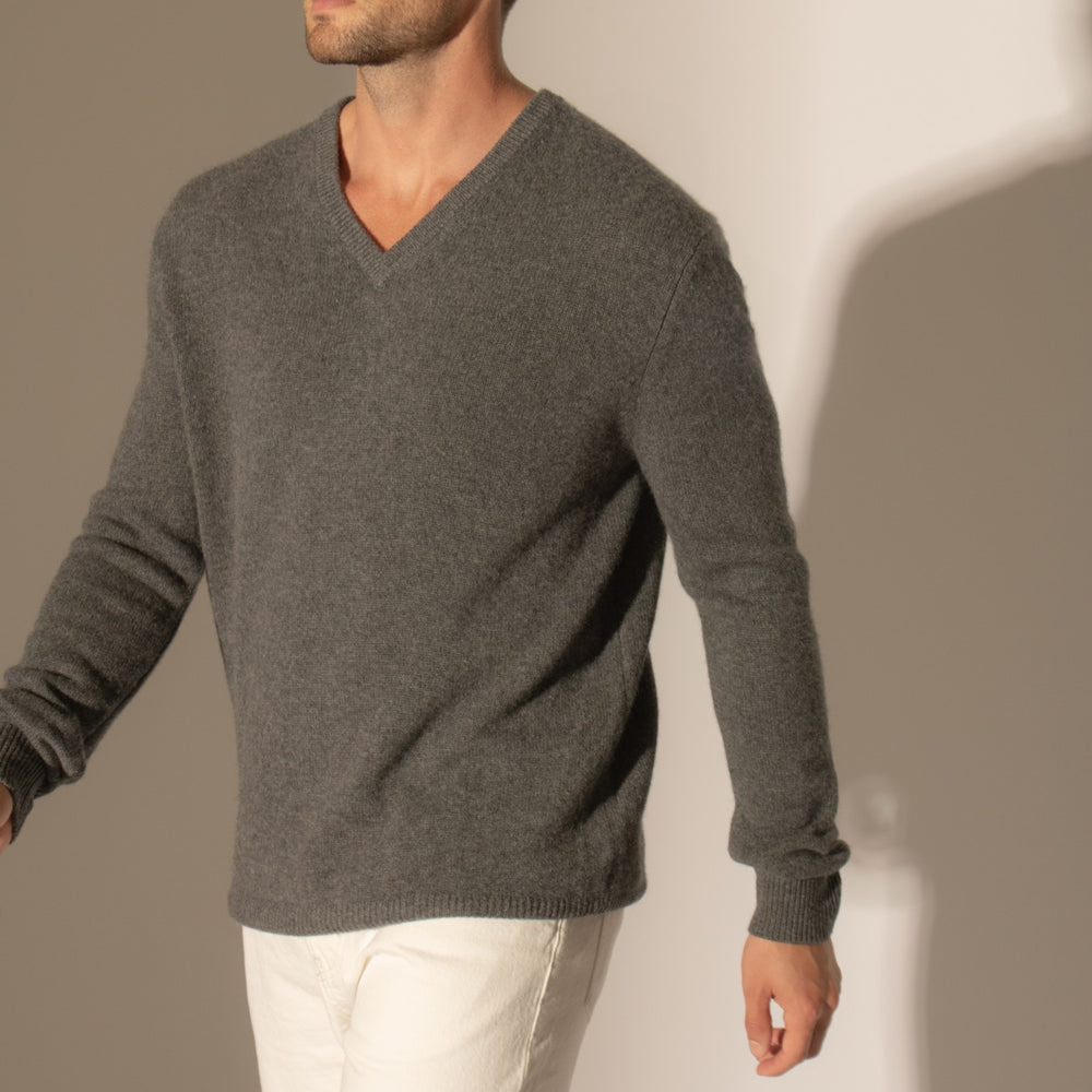 enzo pull col v 4 fils anthracite chiné 100% cachemire