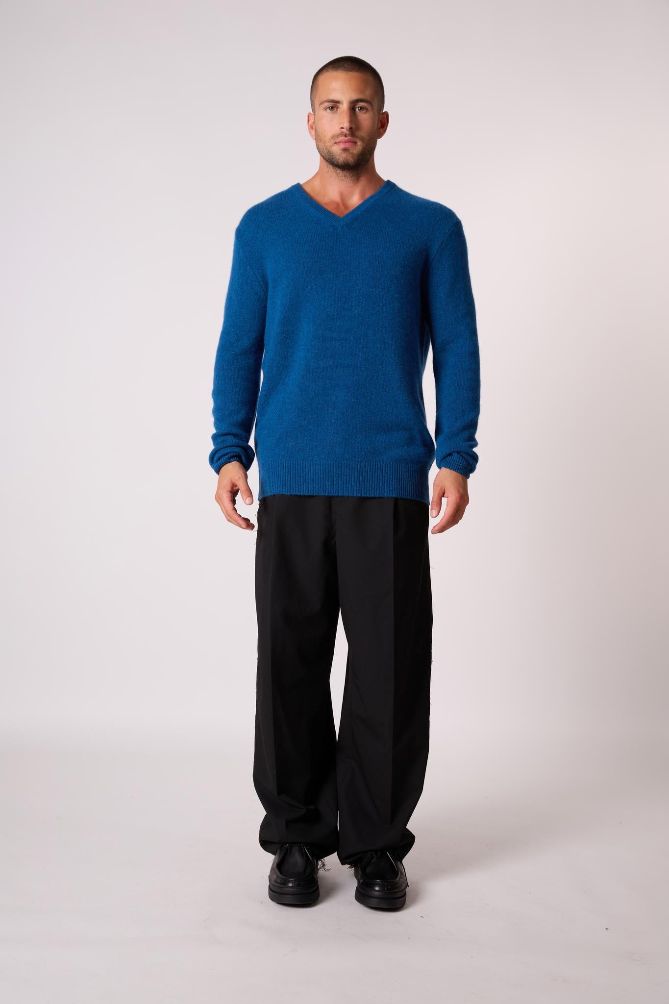 ENZO pull col v 4 fils atlantique chiné 100% cachemire