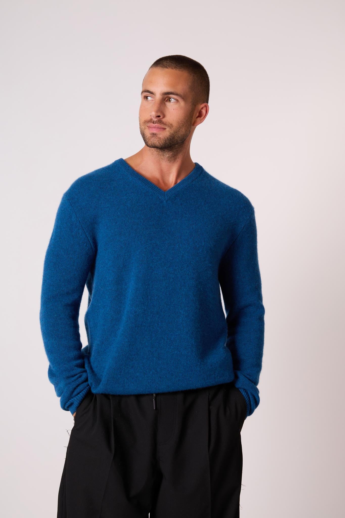 ENZO pull col v 4 fils atlantique chiné 100% cachemire