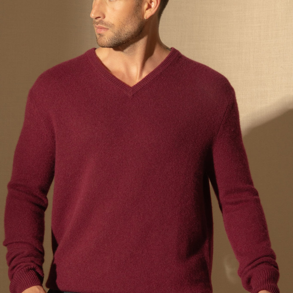 enzo pull col v 4 fils bordeaux 100% cachemire