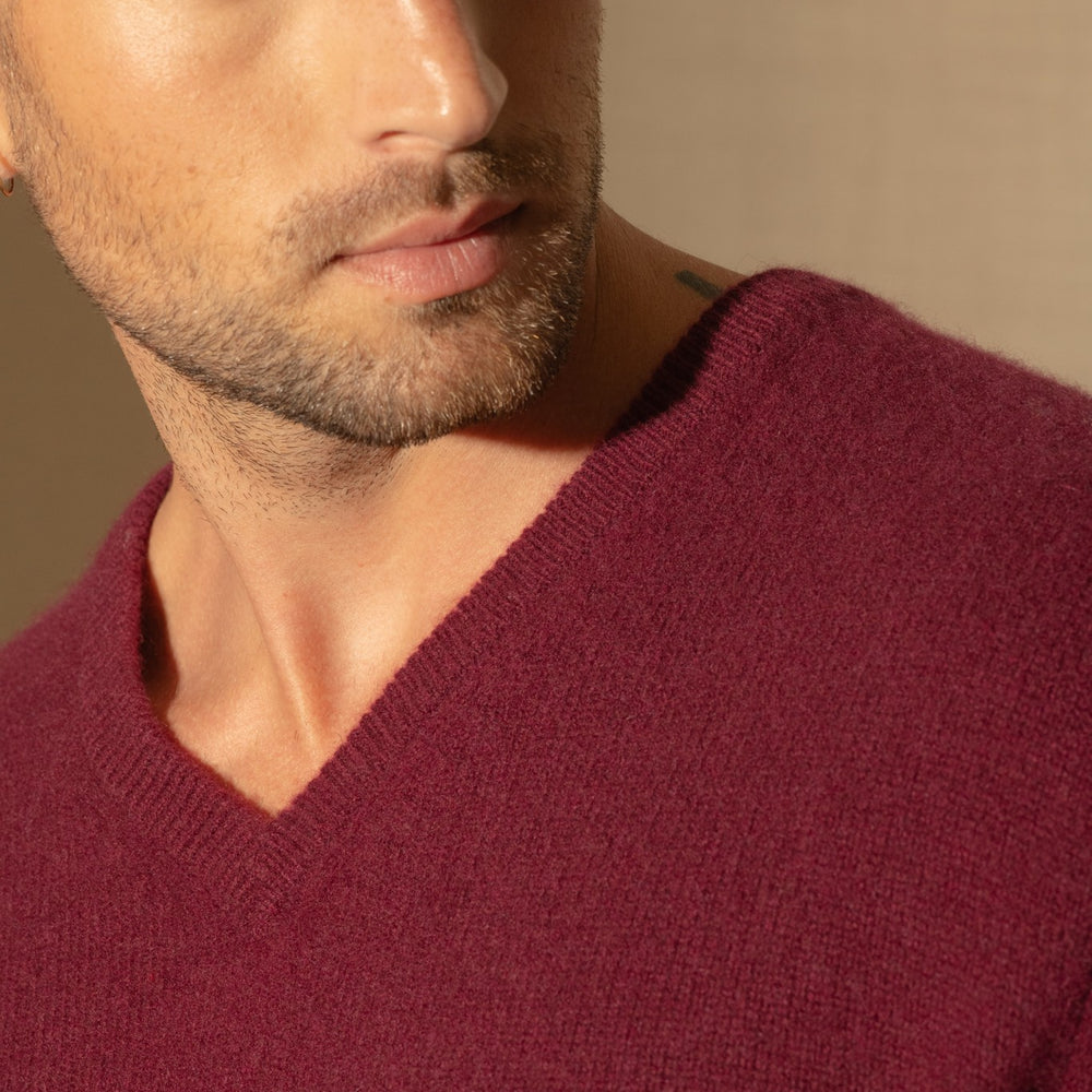 enzo pull col v 4 fils bordeaux 100% cachemire