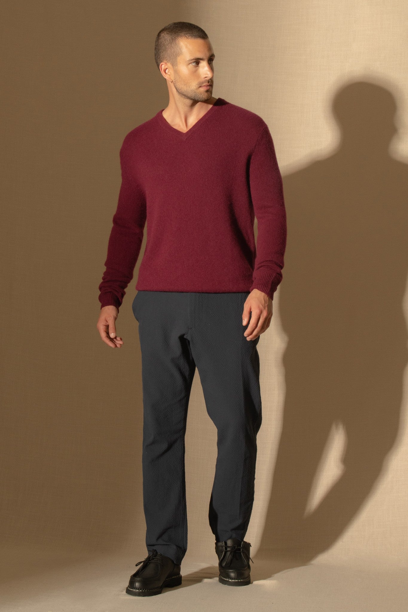 enzo pull col v 4 fils bordeaux 100% cachemire