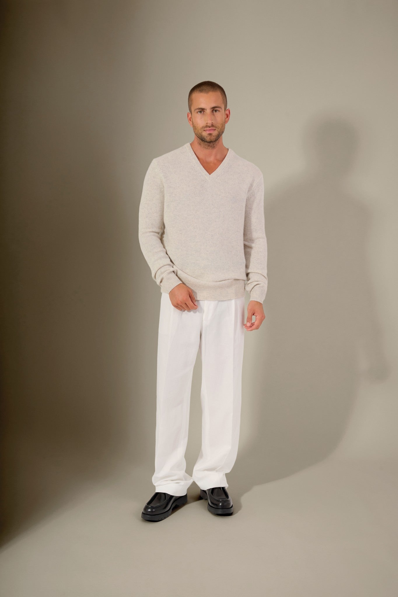 enzo pull col v 4 fils gris perle chiné 100% cachemire