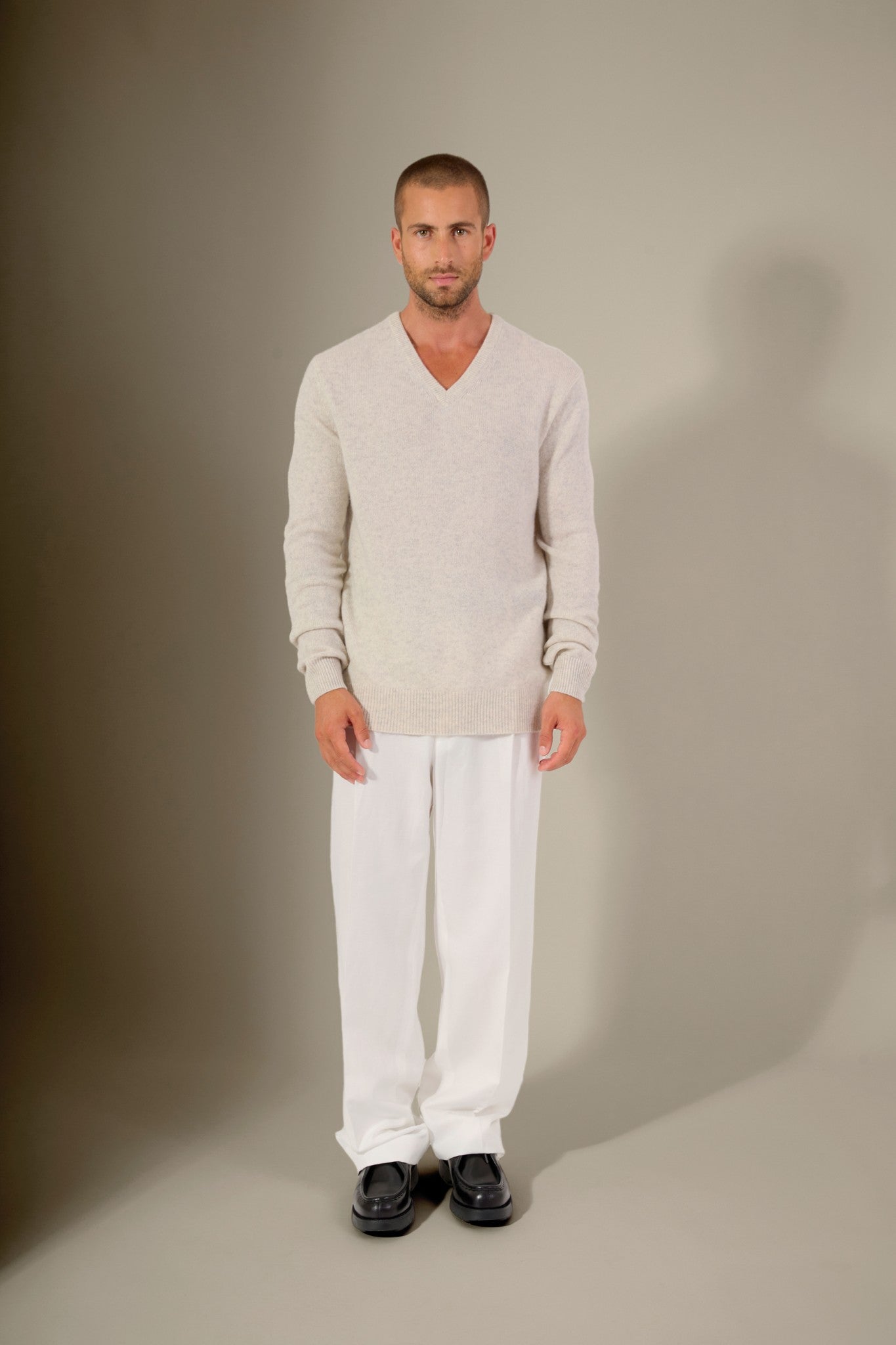 enzo pull col v 4 fils gris perle chiné 100% cachemire