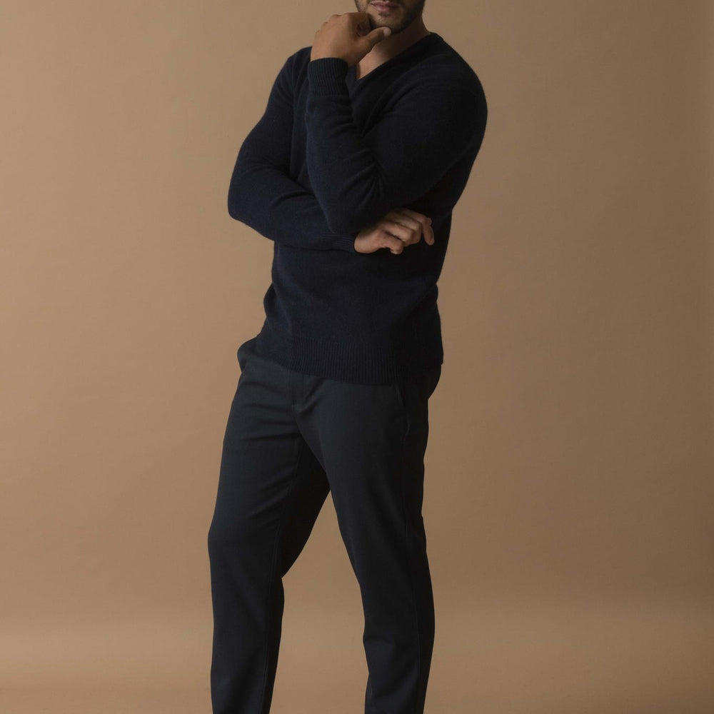 ENZO pull col v 4 fils navy 100% cachemire