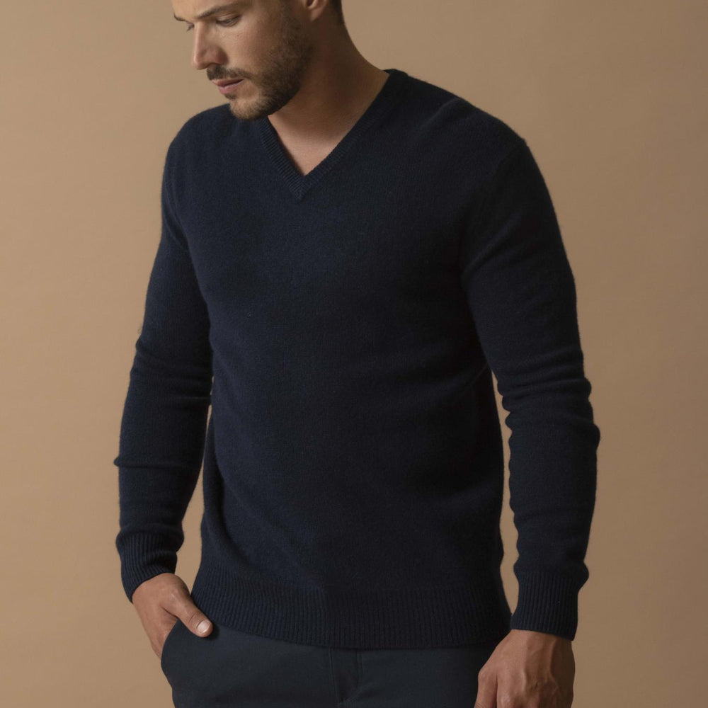 ENZO pull col v 4 fils navy 100% cachemire