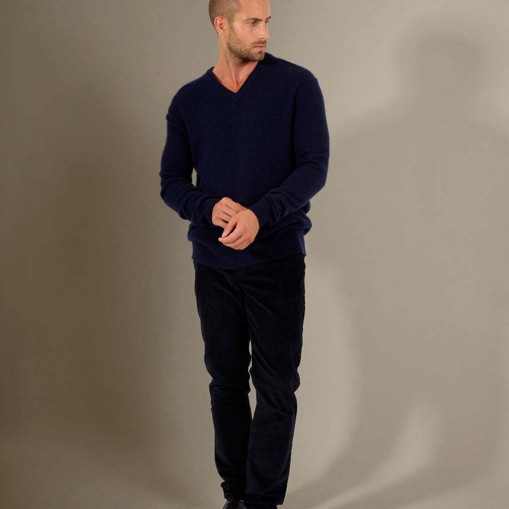 enzo pull col v 4 fils navy 100% cachemire