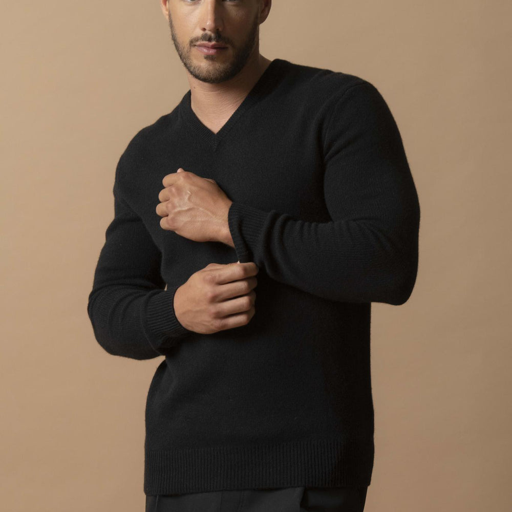 ENZO pull col v 4 fils noir 100% cachemire