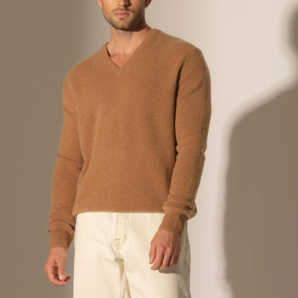 ENZO pull col v 4 fils noisette 100% cachemire