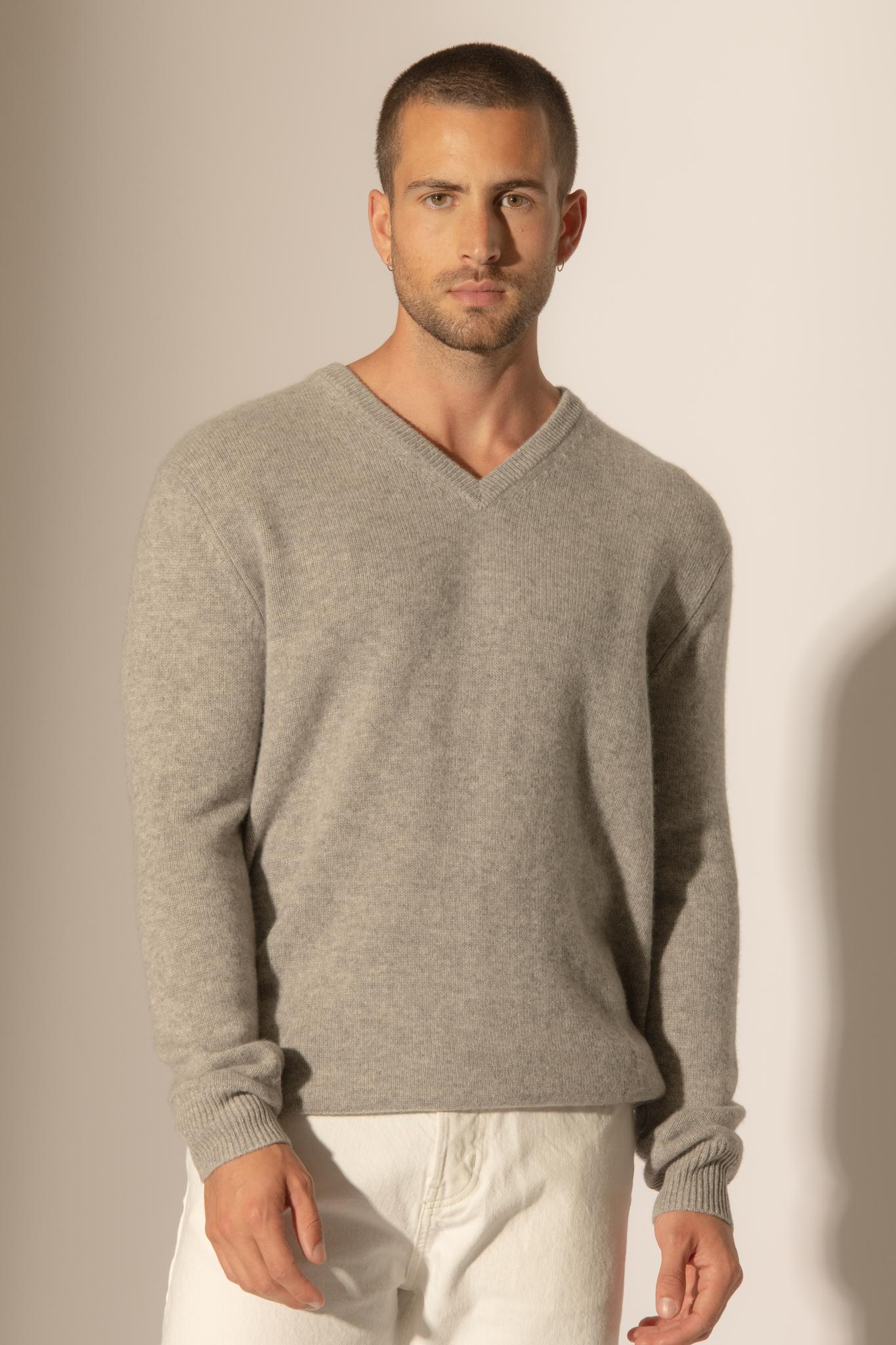 ENZO pull col v 4 fils nuage chiné 100% cachemire