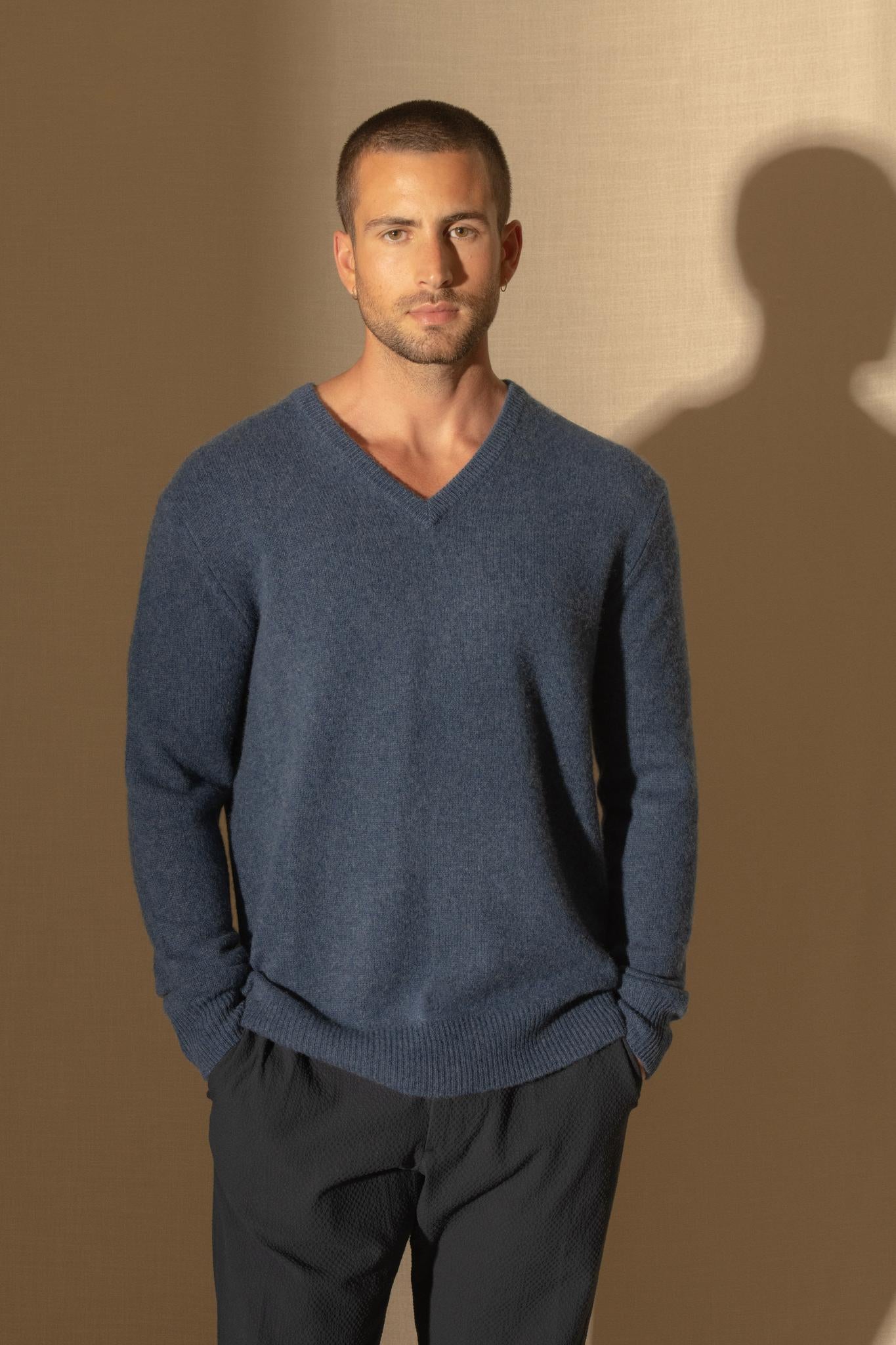 ENZO pull col v 4 fils ocean chiné 100% cachemire