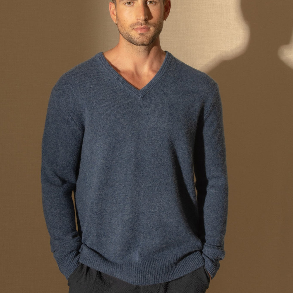 enzo pull col v 4 fils océan chiné 100% cachemire