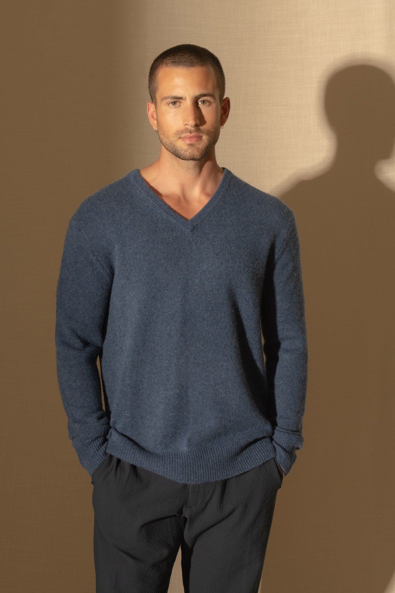 enzo pull col v 4 fils océan chiné 100% cachemire