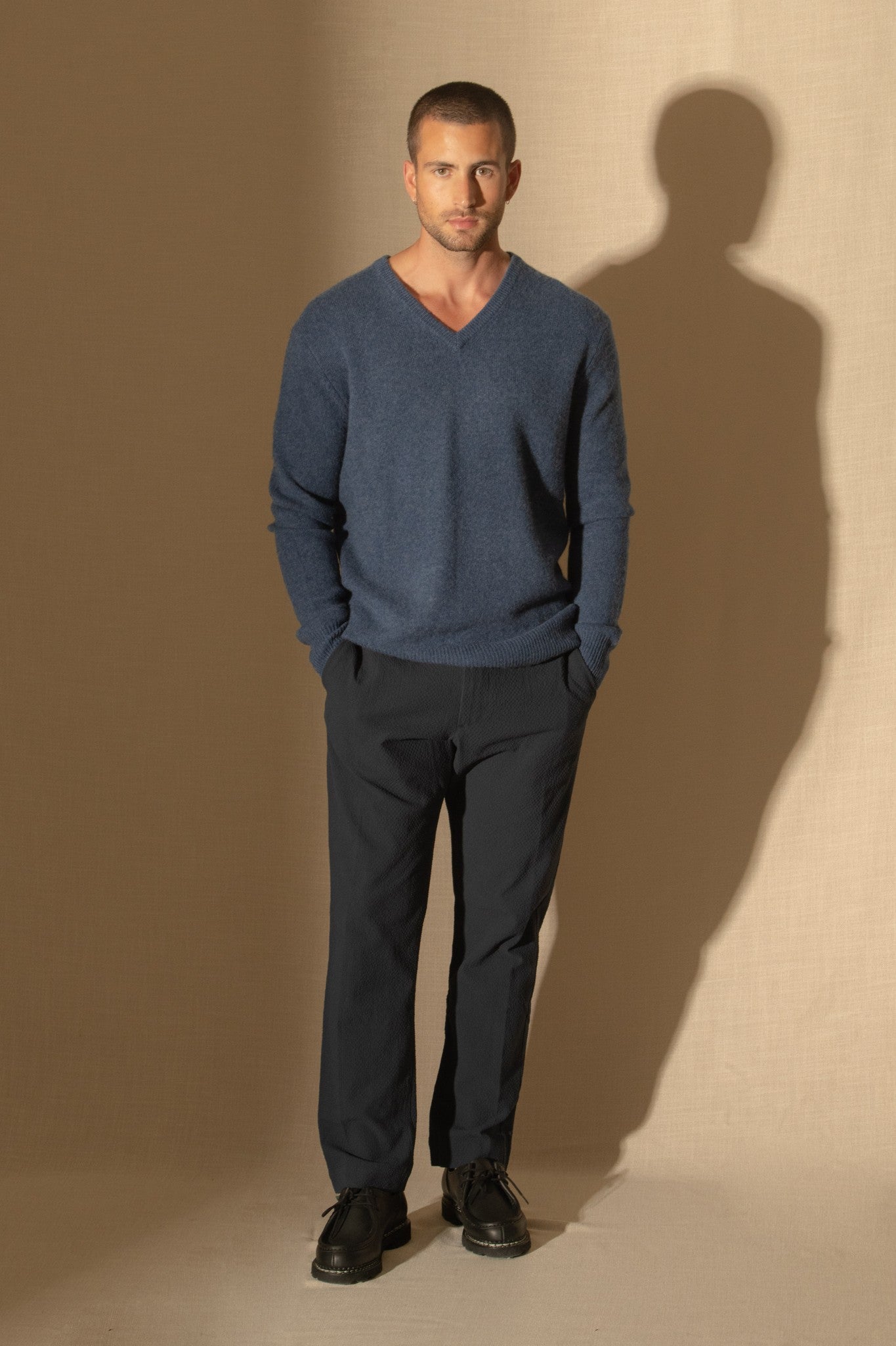 enzo pull col v 4 fils océan chiné 100% cachemire