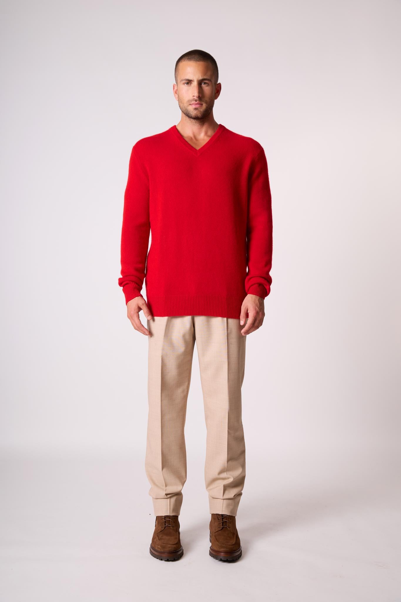 ENZO pull col v 4 fils rouge 100% cachemire