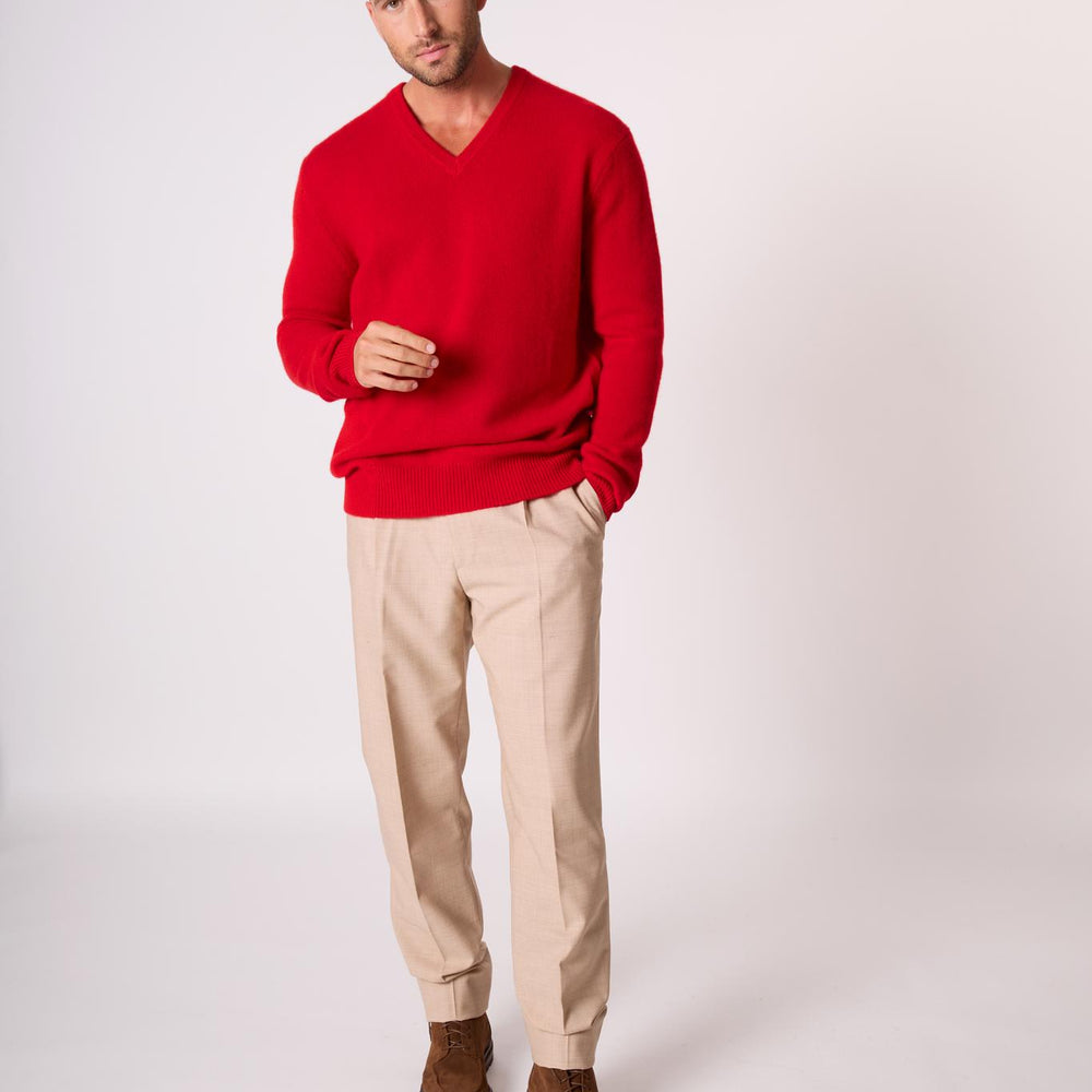 ENZO pull col v 4 fils rouge 100% cachemire