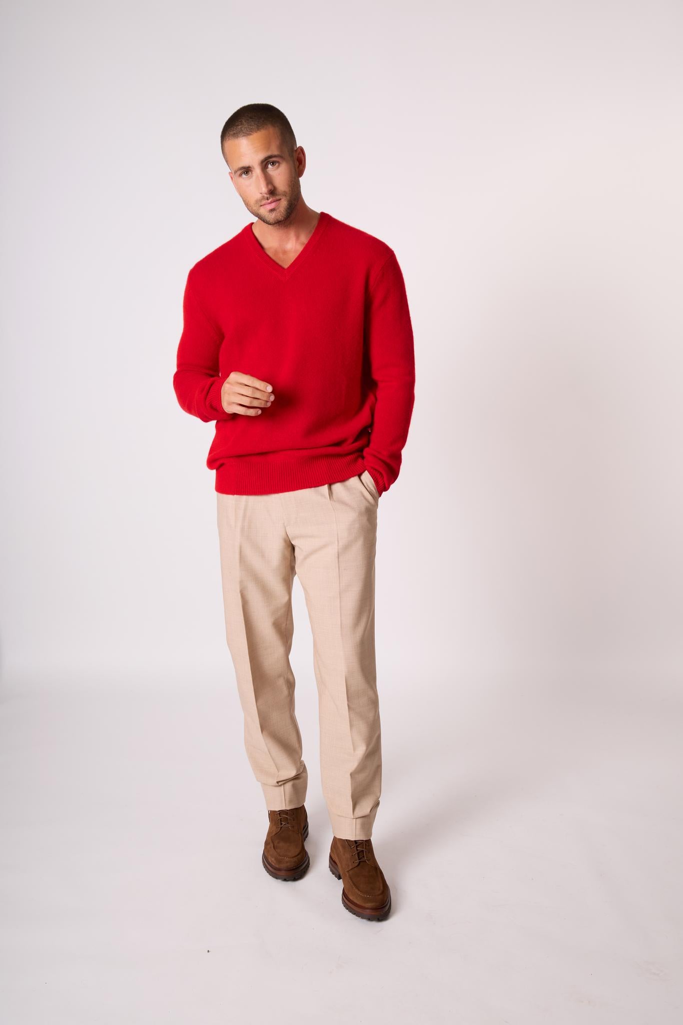 ENZO pull col v 4 fils rouge 100% cachemire