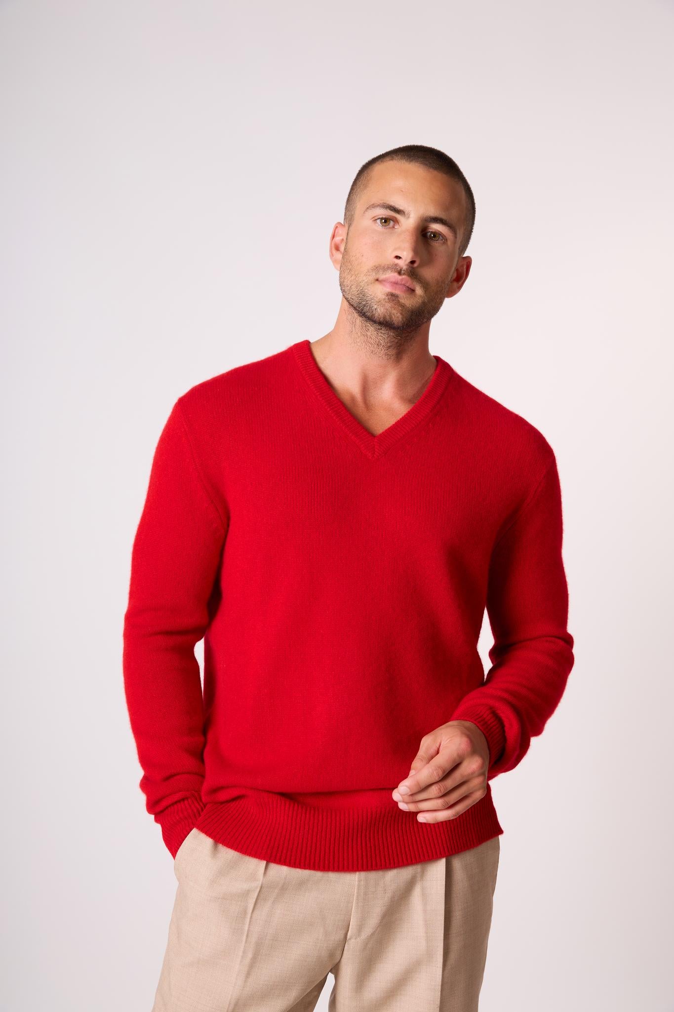 ENZO pull col v 4 fils rouge 100% cachemire