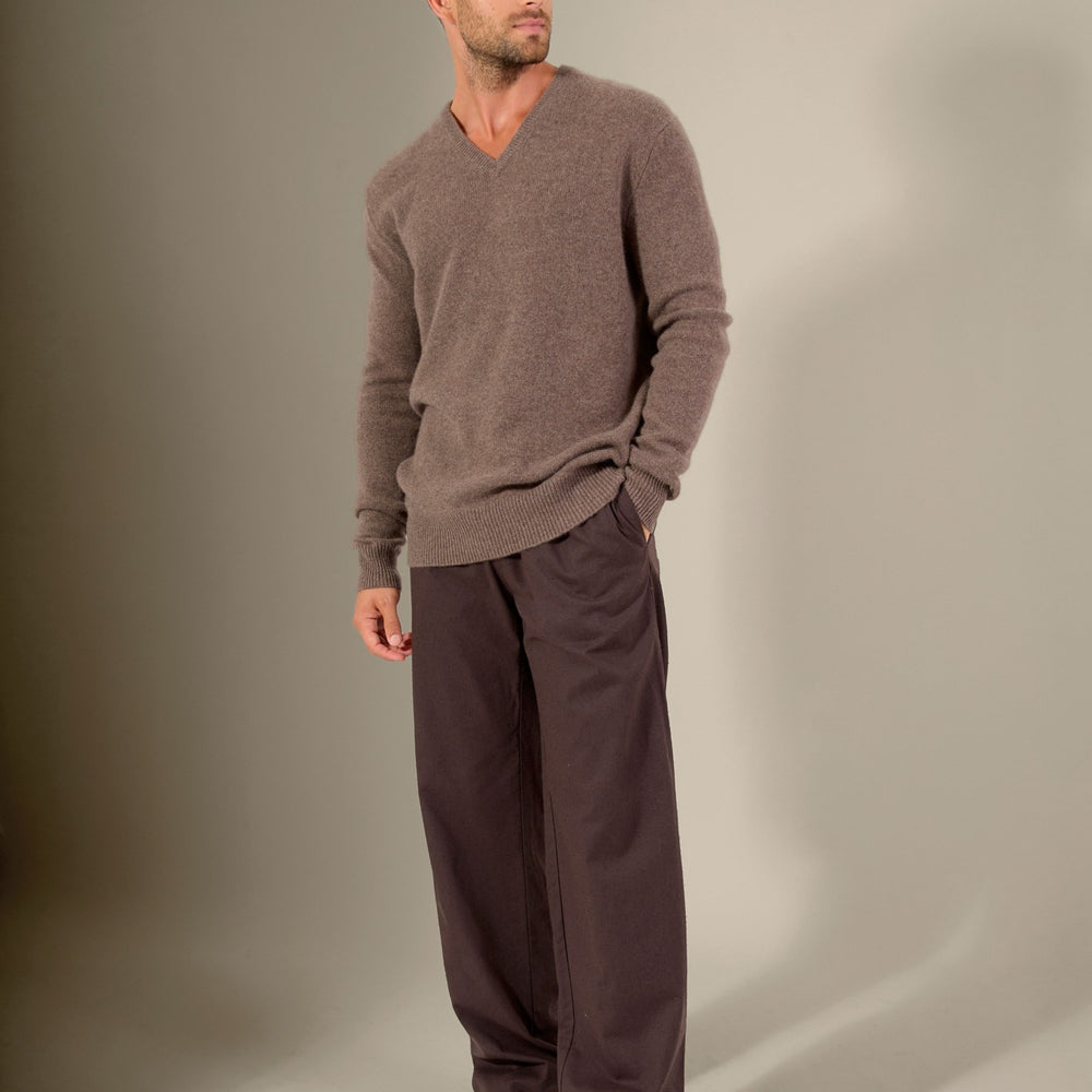 enzo pull col v 4 fils taupe chiné 100% cachemire