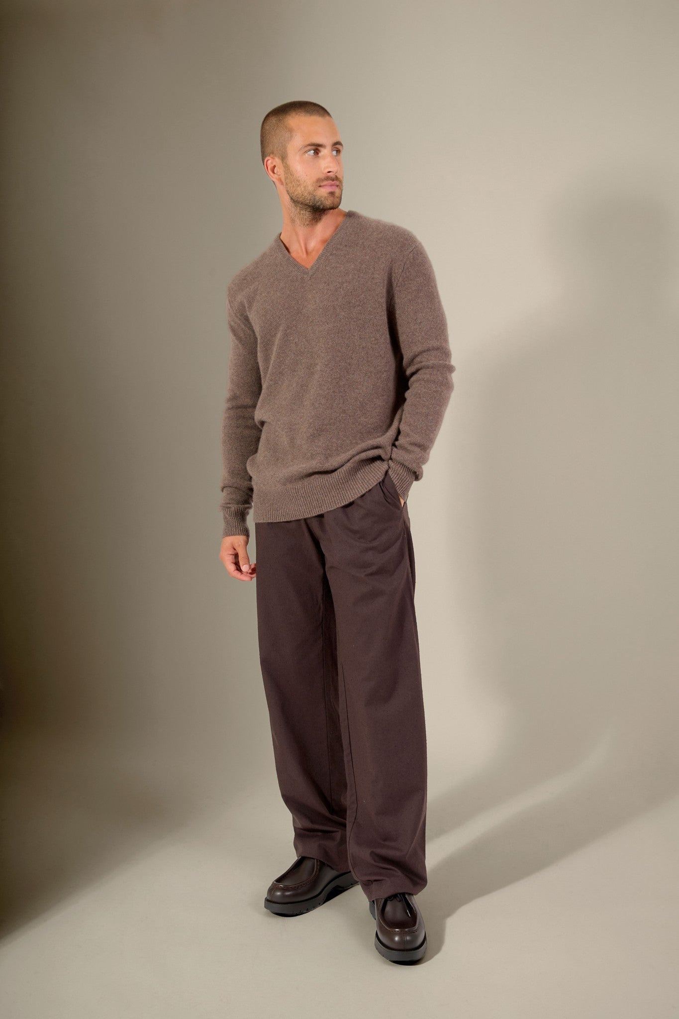 enzo pull col v 4 fils taupe chiné 100% cachemire