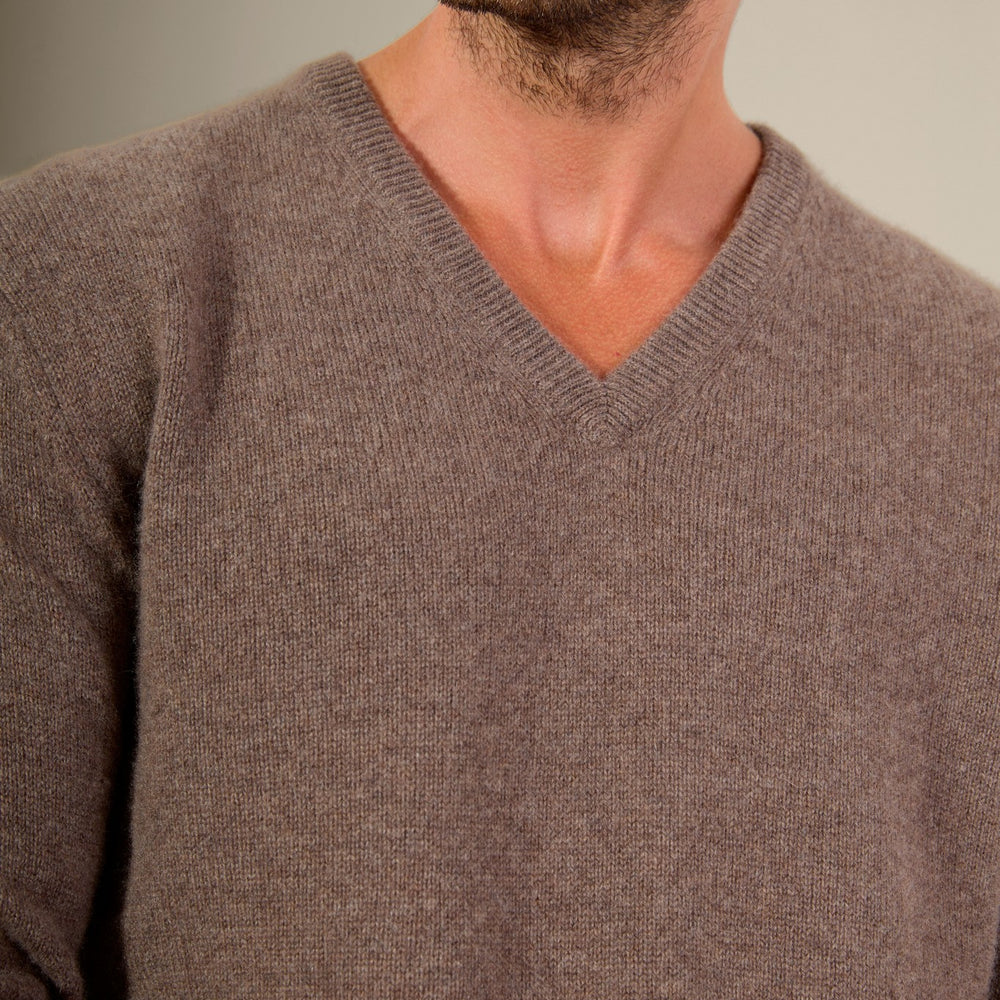 enzo pull col v 4 fils taupe chiné 100% cachemire