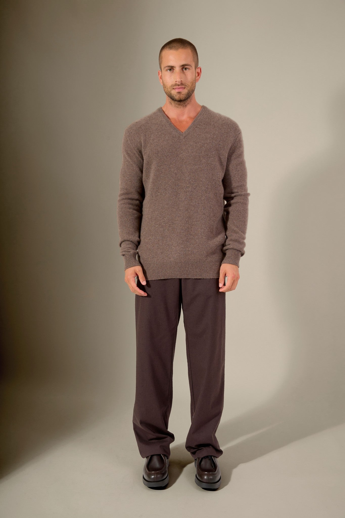 enzo pull col v 4 fils taupe chiné 100% cachemire