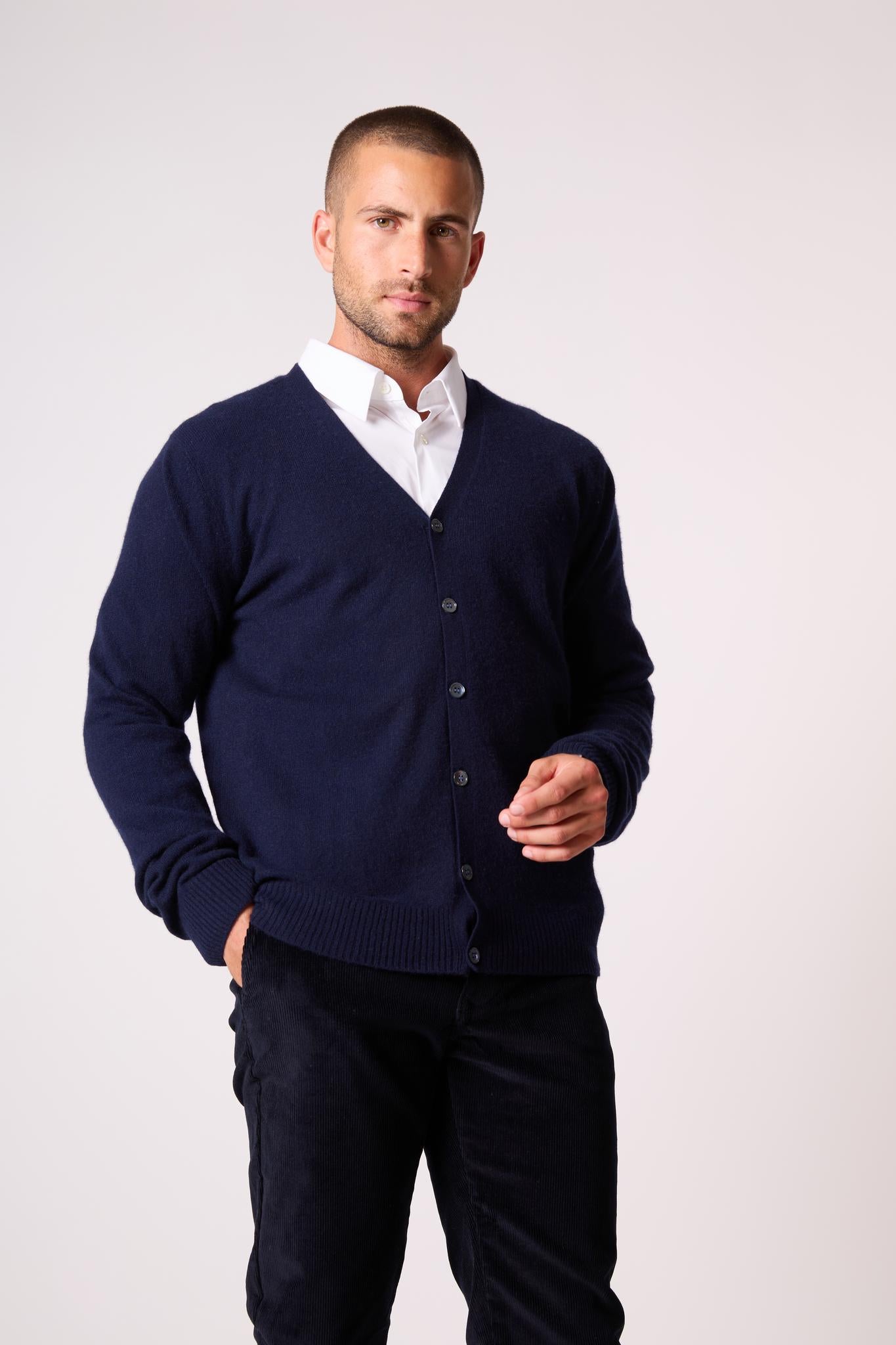 ERROL cardigan col v navy 100% cachemire