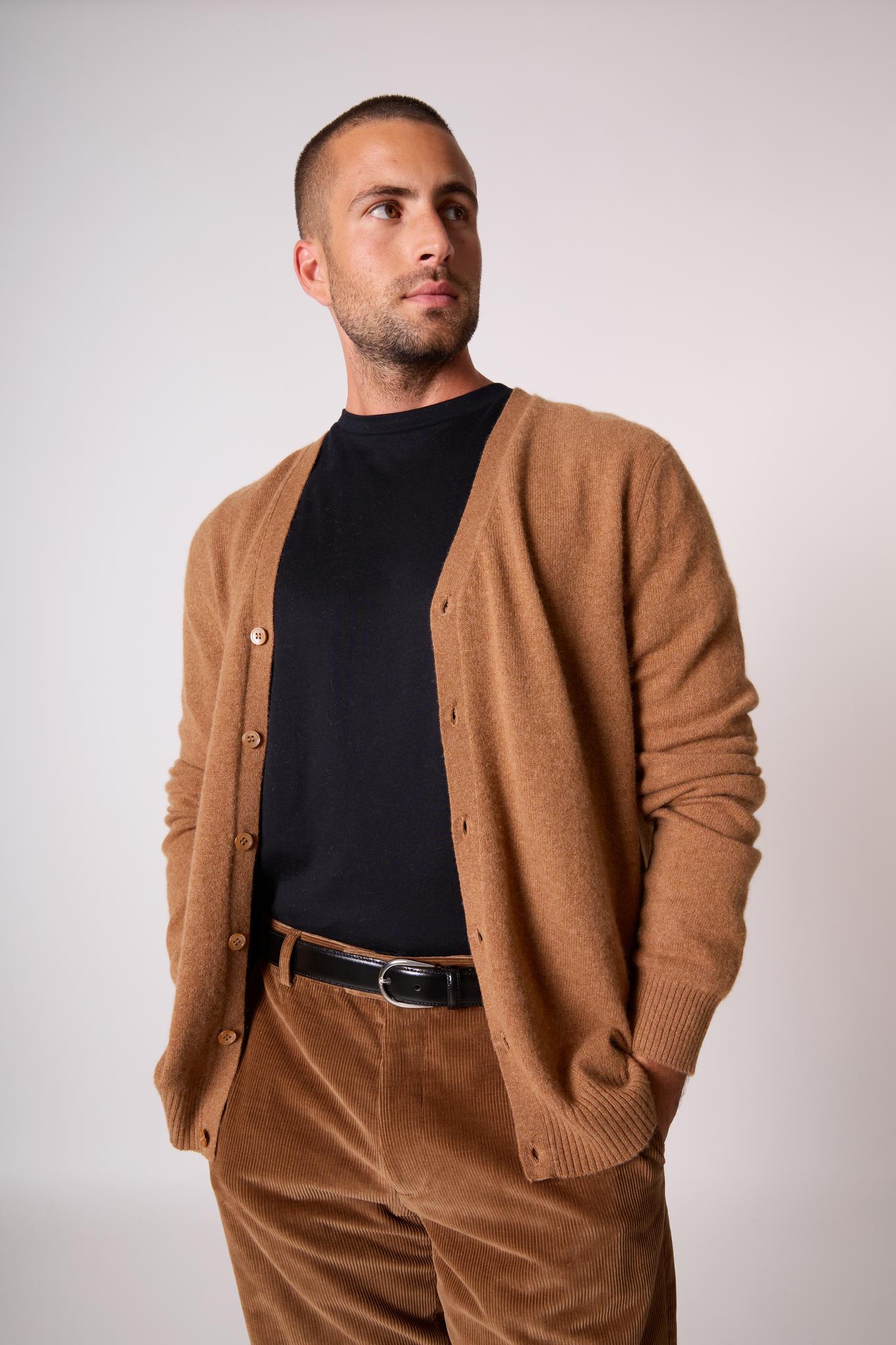 ERROL cardigan col v noisette 100% cachemire