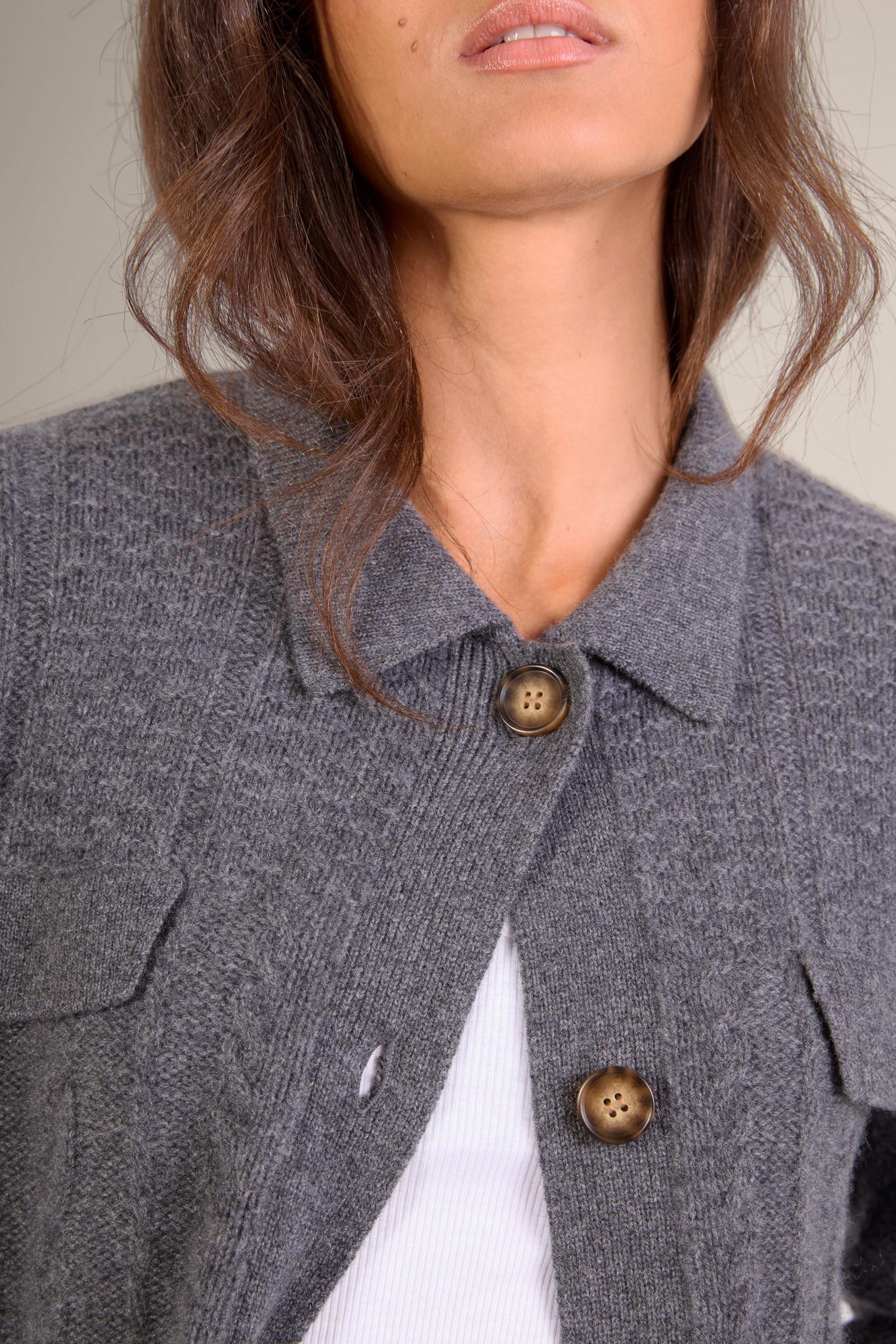 FRIUME veste boutonnée col chemise 6 fils anthracite chiné 100% cachemire