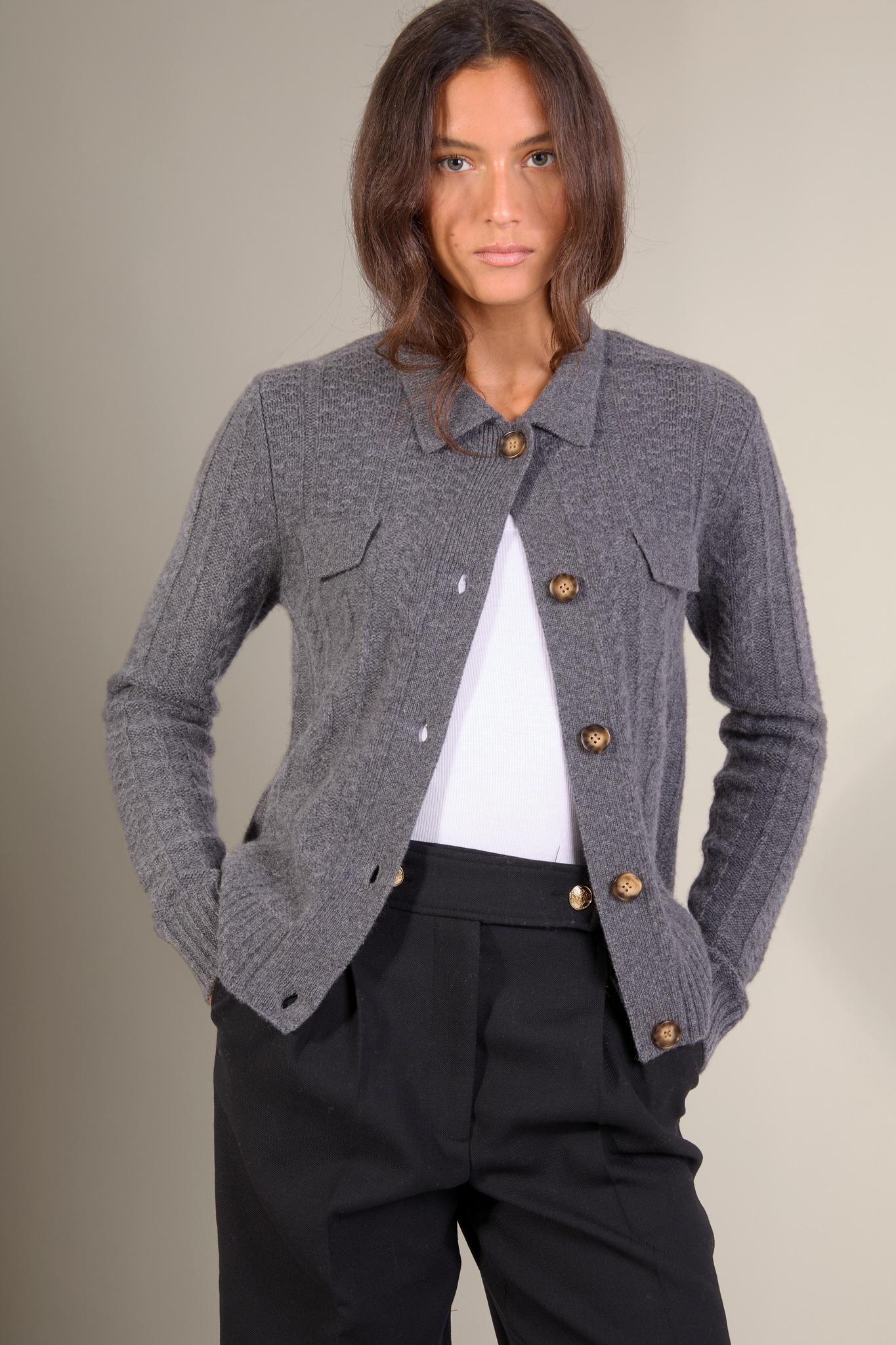 FRIUME veste boutonnée col chemise 6 fils anthracite chiné 100% cachemire