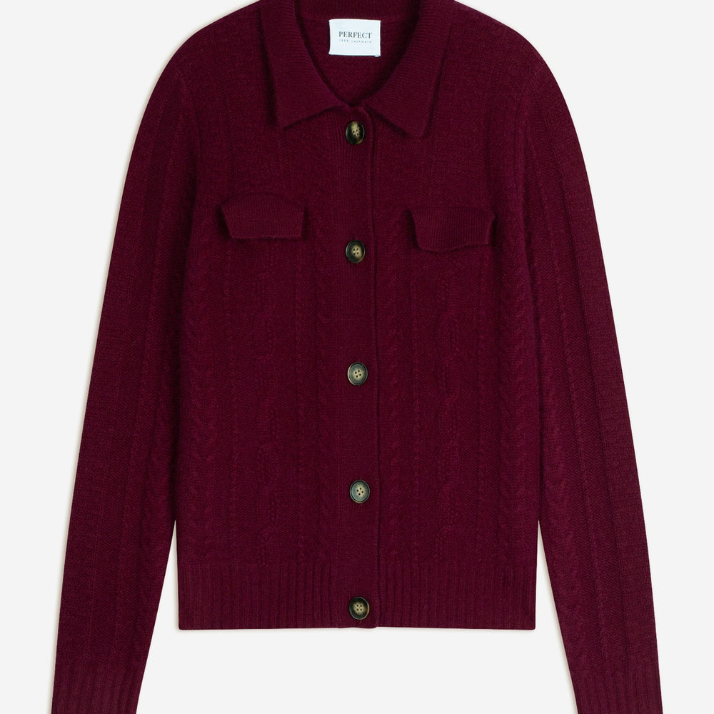 friume veste boutonnée col chemise 6 fils bordeaux 100% cachemire