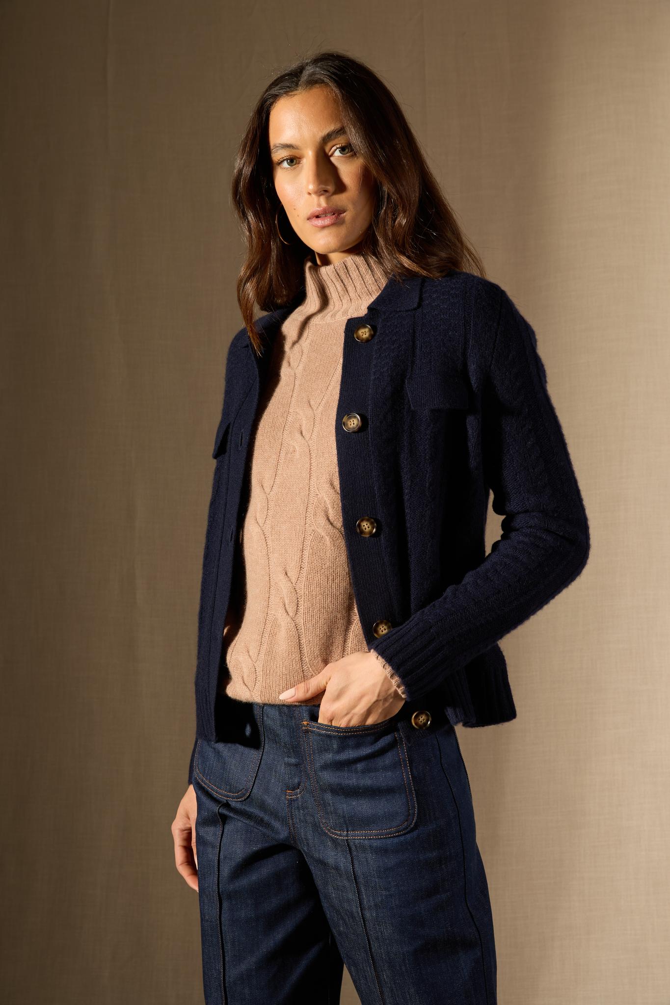 FRIUME veste boutonnée col chemise 6 fils navy 100% cachemire