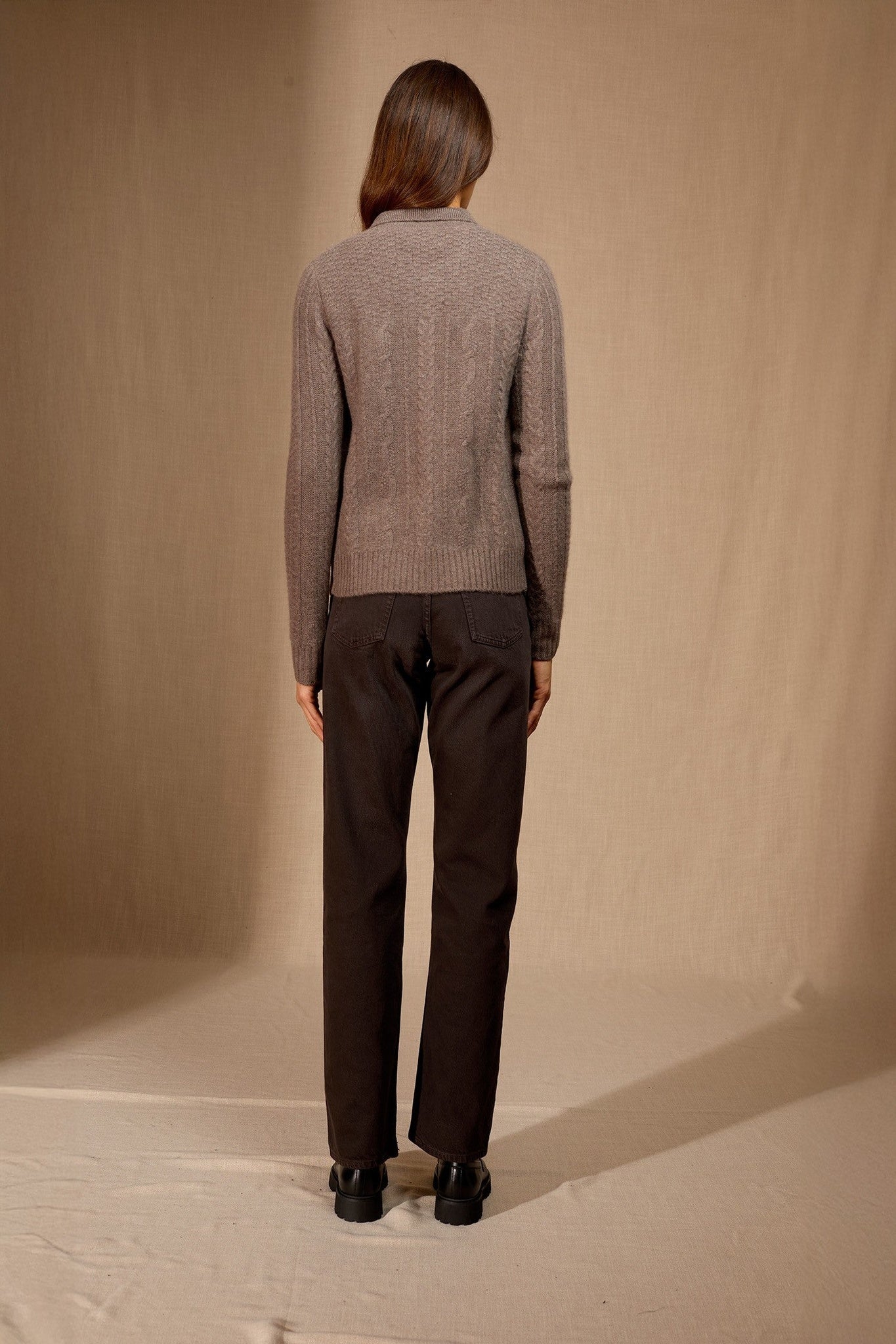 friume veste boutonnée col chemise 6 fils taupe chiné 100% cachemire