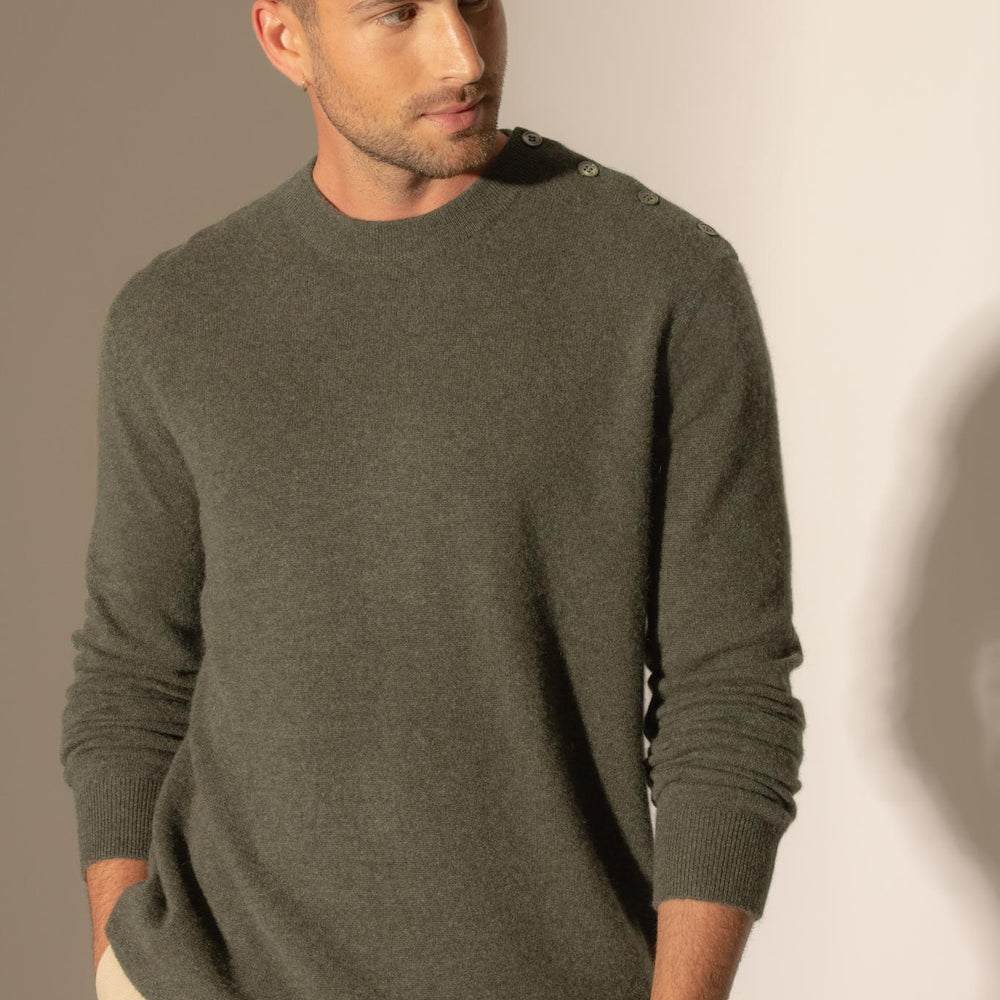 GABRIEL pull col rond marin kaki chiné 100% cachemire